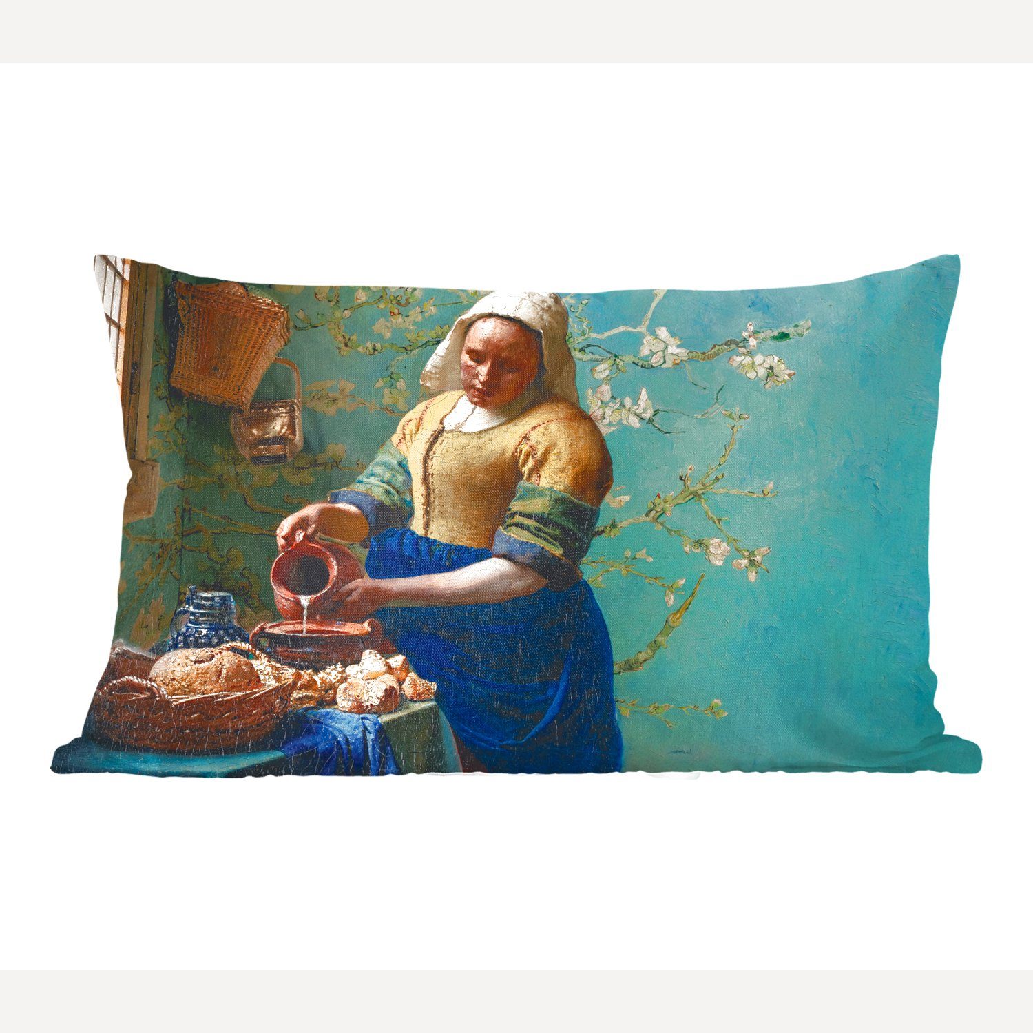 Milchmädchen Mandelblüte Wohzimmer MuchoWow Dekokissen - Füllung, Alte, - Gogh - - - Schlafzimmer mit Zierkissen, Dekoration, Van Gemälde Vermeer Dekokissen
