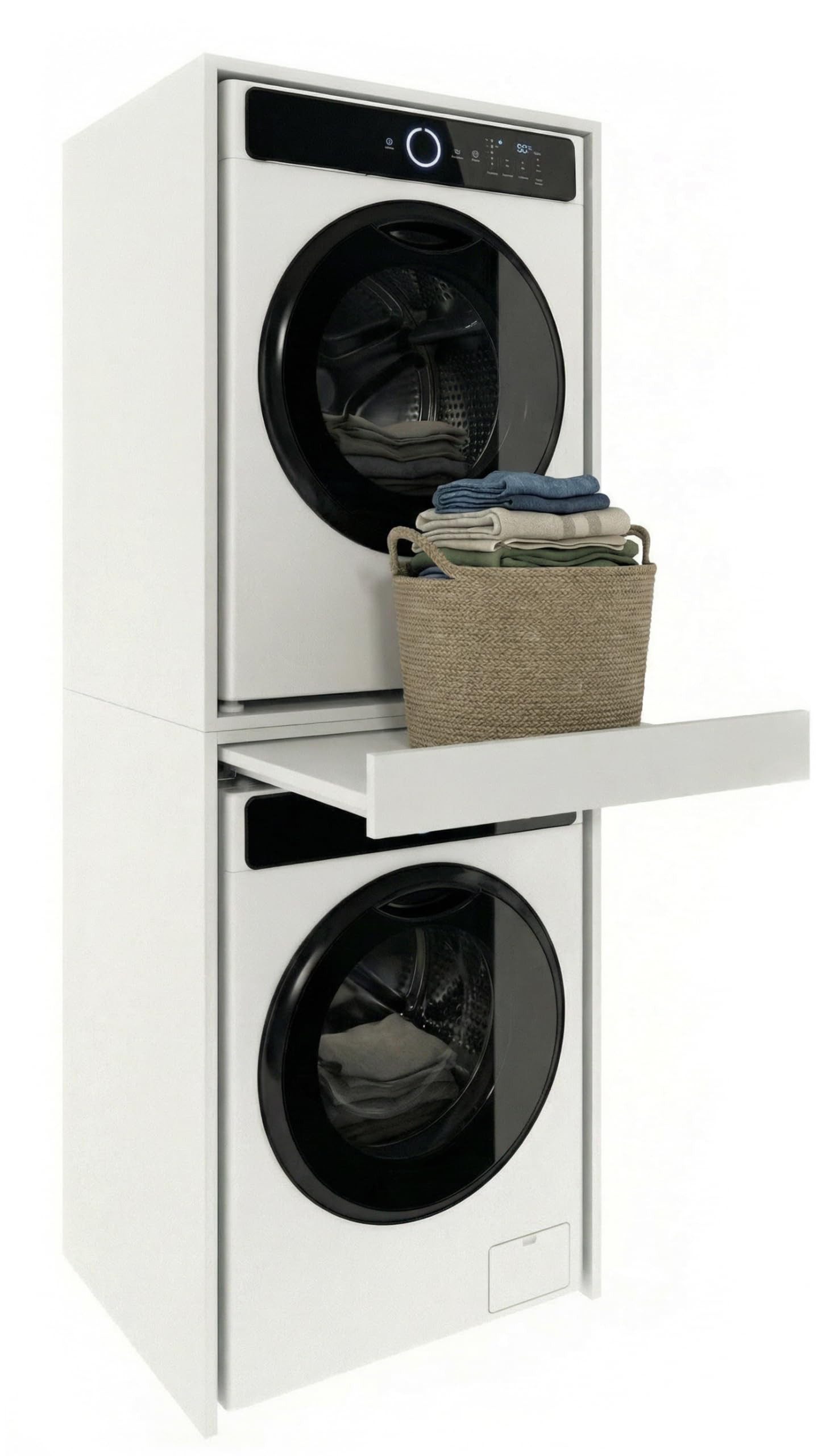 TREND WERK Waschmaschinenumbauschrank 66×64×184 cm - für Waschmaschine & Trockner übereinander (Waschraum Möbel Schrank für Waschküche mit Stauraum) Waschturm für Waschmaschine & Trockner mit Ausziehbrett & Hochschrank