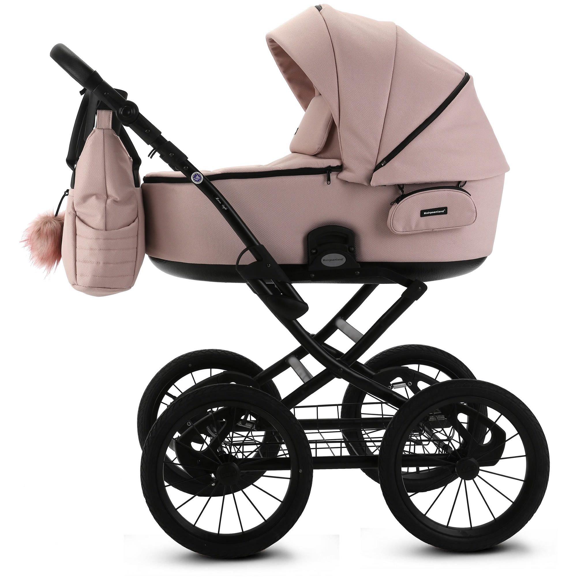 Knirpsenland Kombi-Kinderwagen Retro Style 2in1 inkl. Sportwagen, Wickeltasche & viel Zubehör, (Spar-Set), hohe Sicherheit durch One-Klick System der Kinderwagenaufsätze