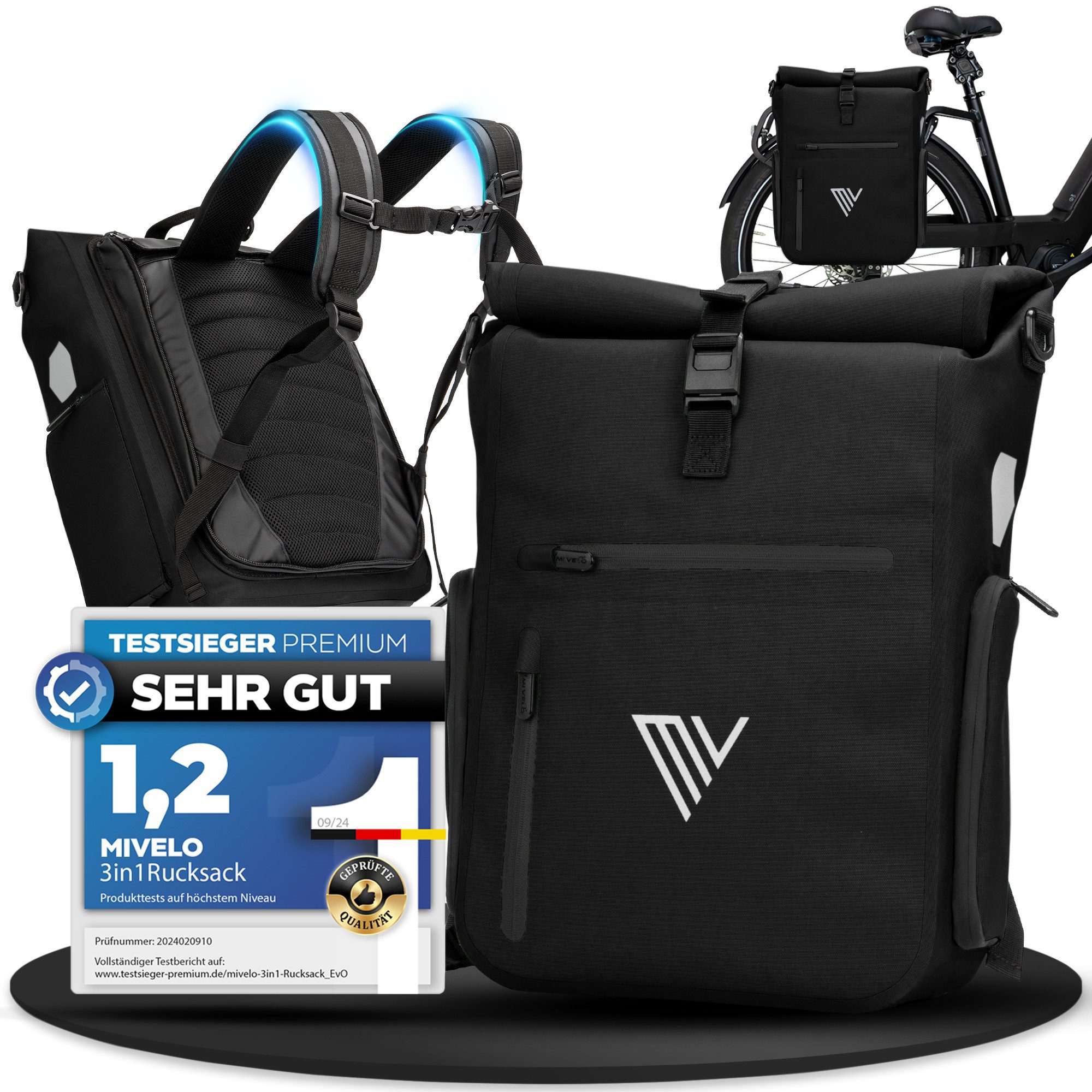 Fahrradtasche 3in1 Gepäckträgertasche mit Rucksackfunktion Schultergurt wasserdicht