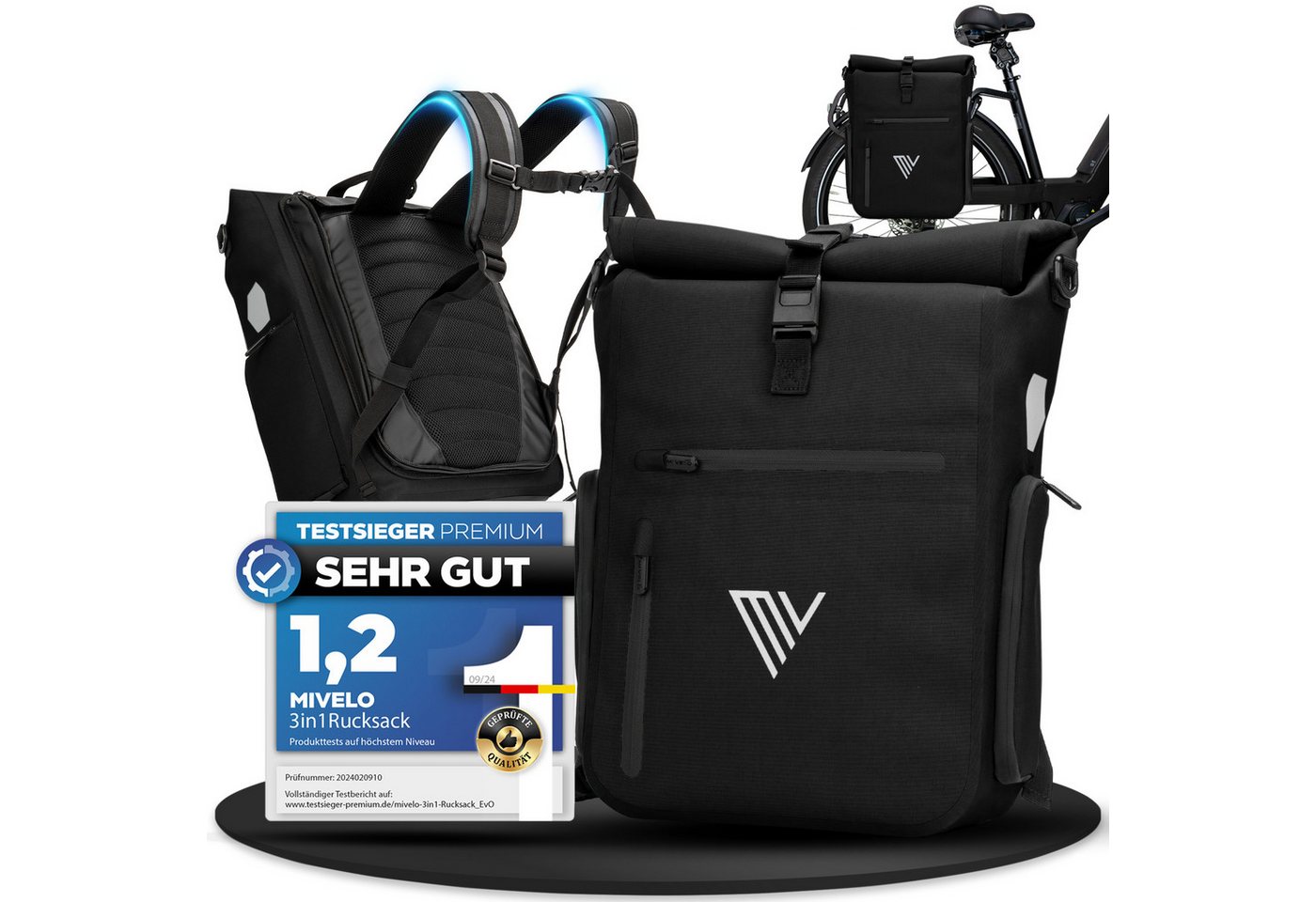 MIVELO Fahrradtasche 3in1 Gepäckträgertasche mit Rucksackfunktion Schultergurt wasserdicht, geräumiges Hauptfach, Außentaschen, Laptopfach