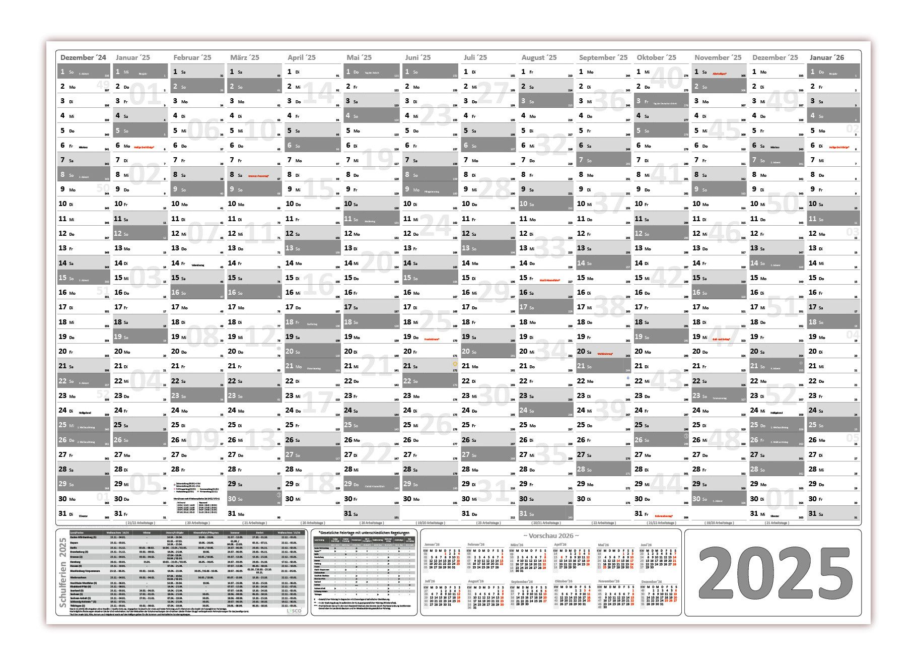 LYSCO Wandkalender Classic1 Wandplaner DIN A0 2025 grau, hellblau, Formate: DIN A0 (841 x 1189 mm) Darstellung 14 Monate mit Jahresvorschau Folgejahr, und Ferientermine / Feiertage aller Bundesländer