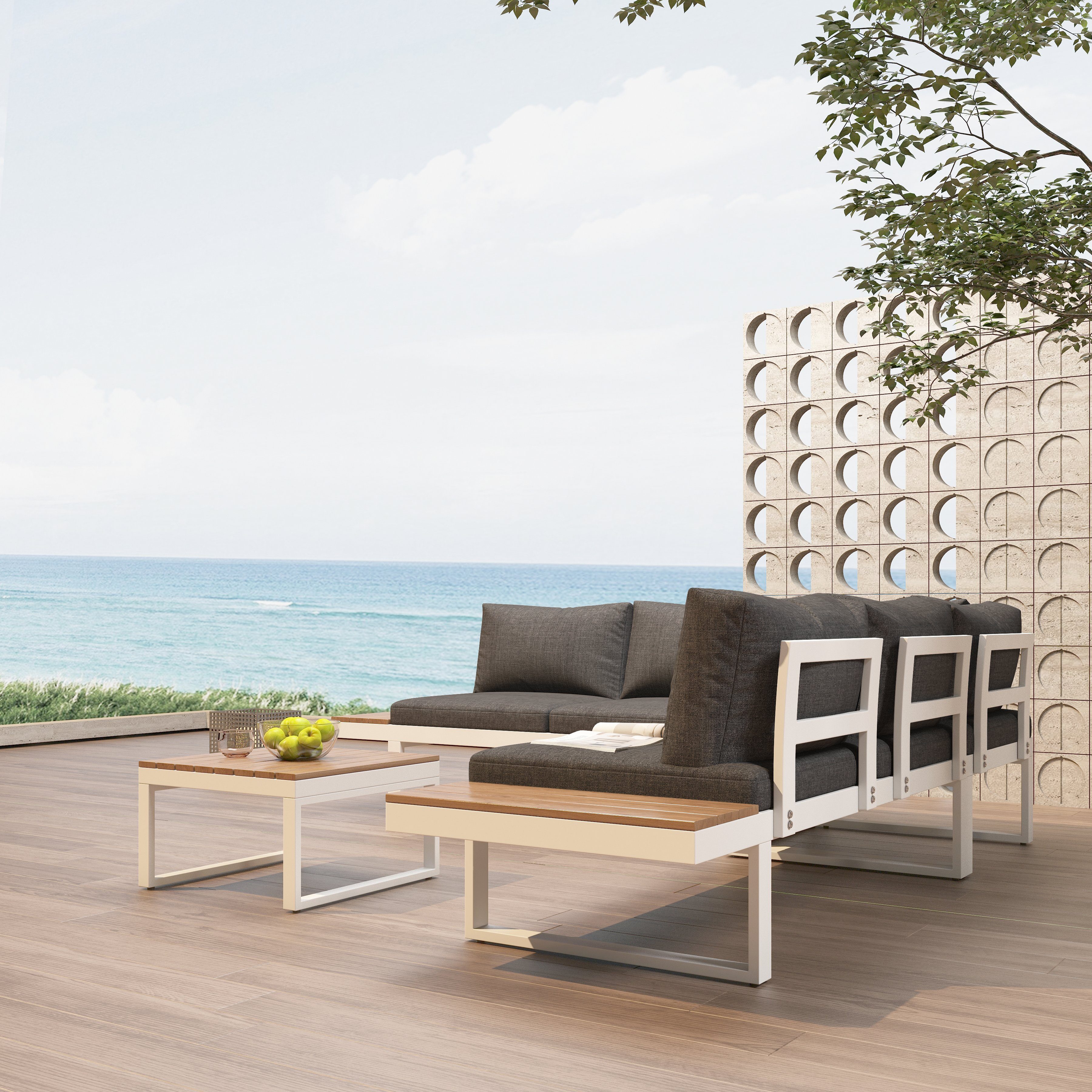 Gartenlounge-Set, (Lounge-Set), aus Galvanisiertes Stahl & Holz-Kunststoff-Platte