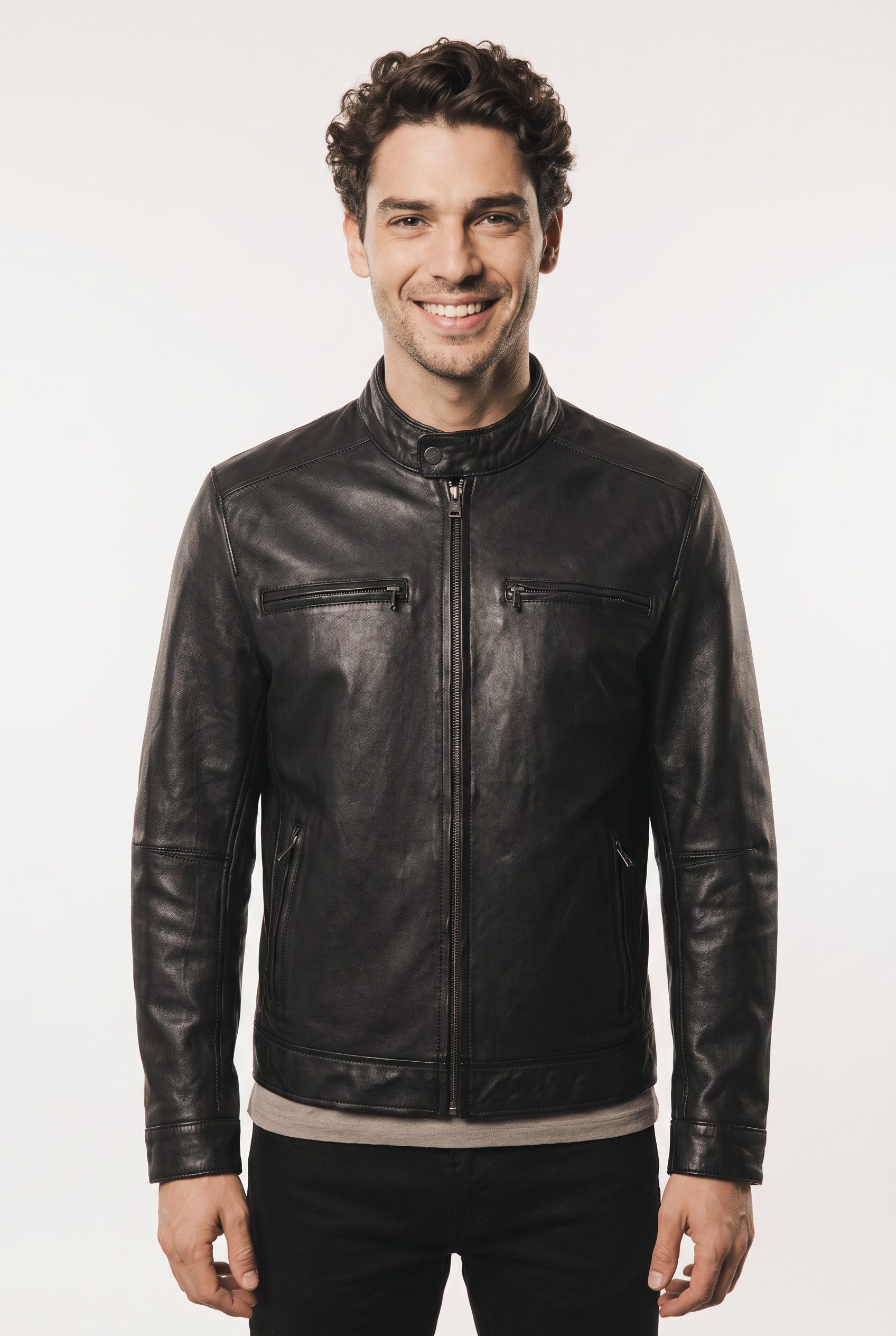 Mauritius Lederjacke MMBlaco (mauritiusHerren26) im Biker-Stil mit Stehkragen und Drucker