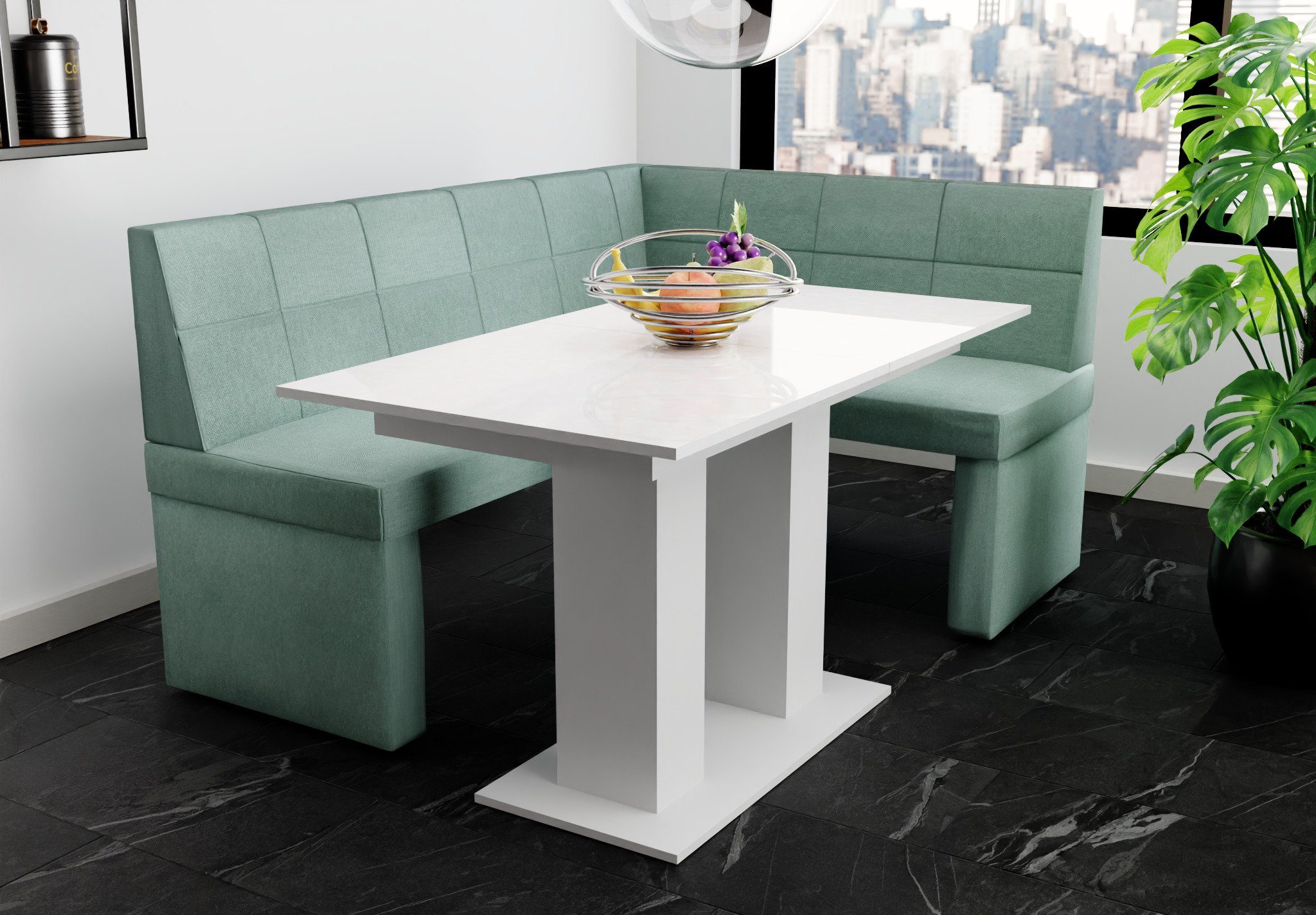 Eckbankgruppe Größe „BLAKE Eckbankgruppe XL“ Hochglanz, Fun Möbel Tisch Weiß Tisch mit ausziehbarer 196x142cm