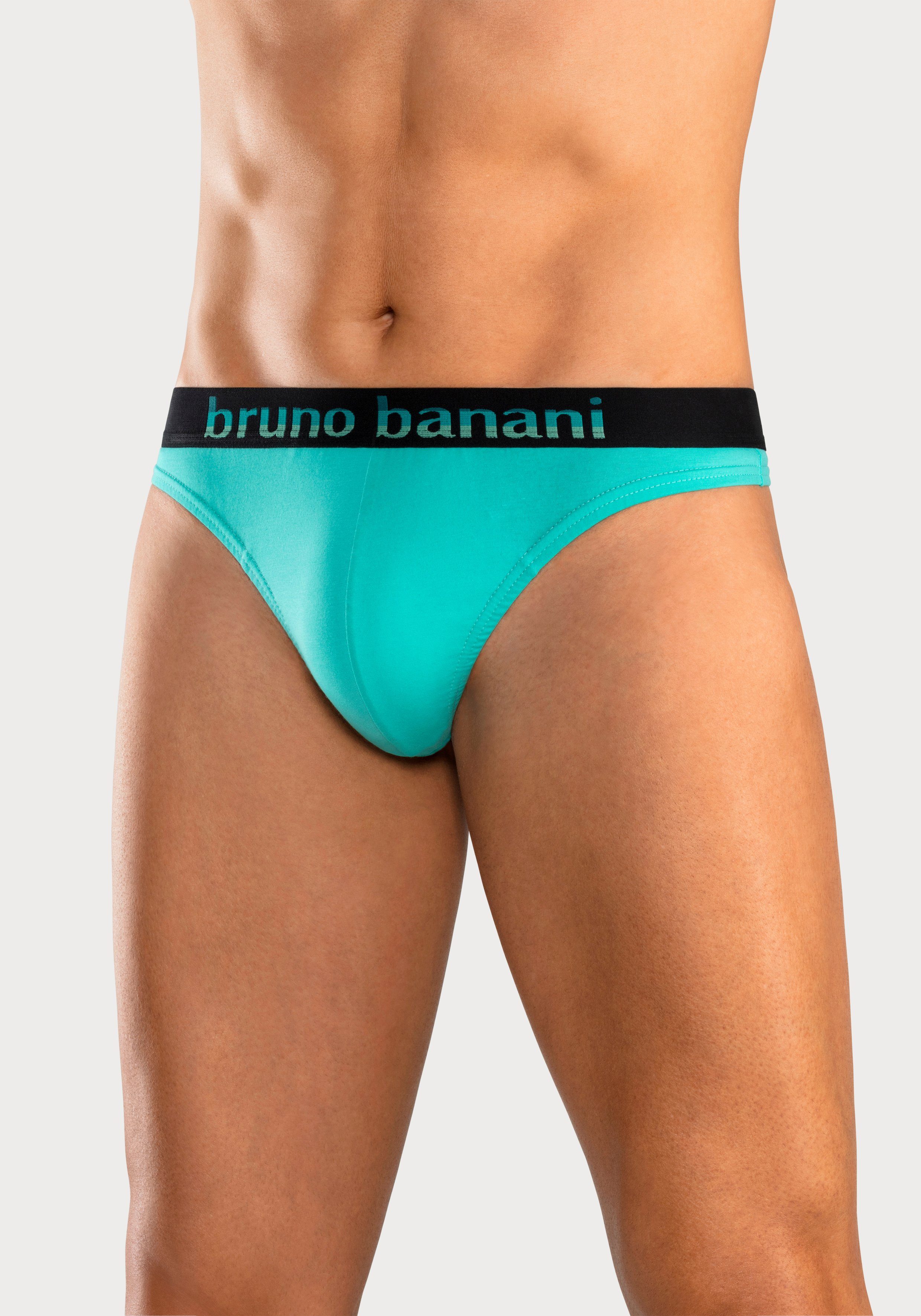 Bruno Banani String (Packung, Streifen blau, Logo gelb, pink, Webbund schwarz mit 5-St) mint