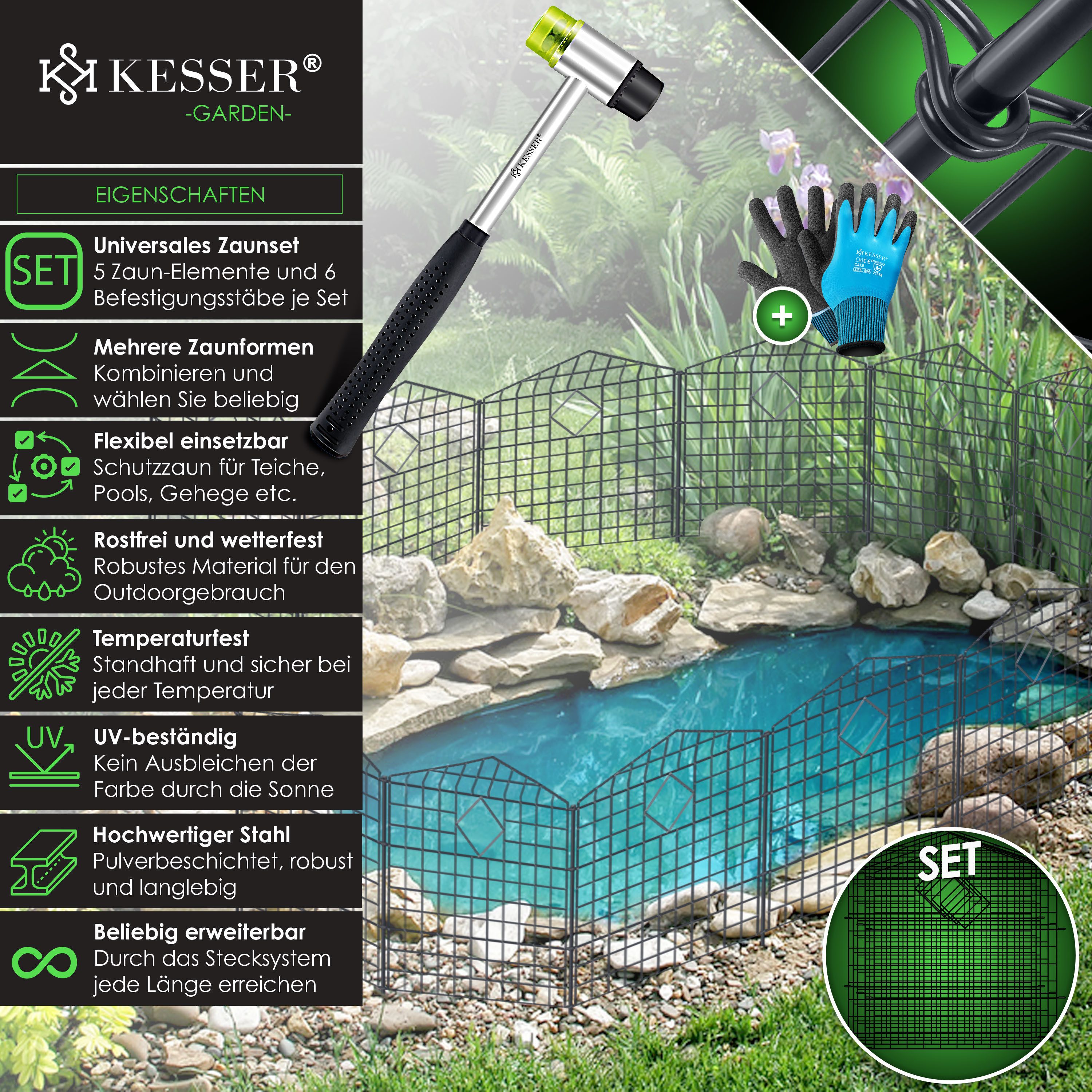 KESSER Zaun Teichzaun Gartenzaun Steckzaun Komplettset Metall Zaun für Garten, (Inkl. Handschuhe, Hammer + Befestigungsstäben), Zaun zum stecken für Garten, Gitterzaun Set Freigehege für Tiere