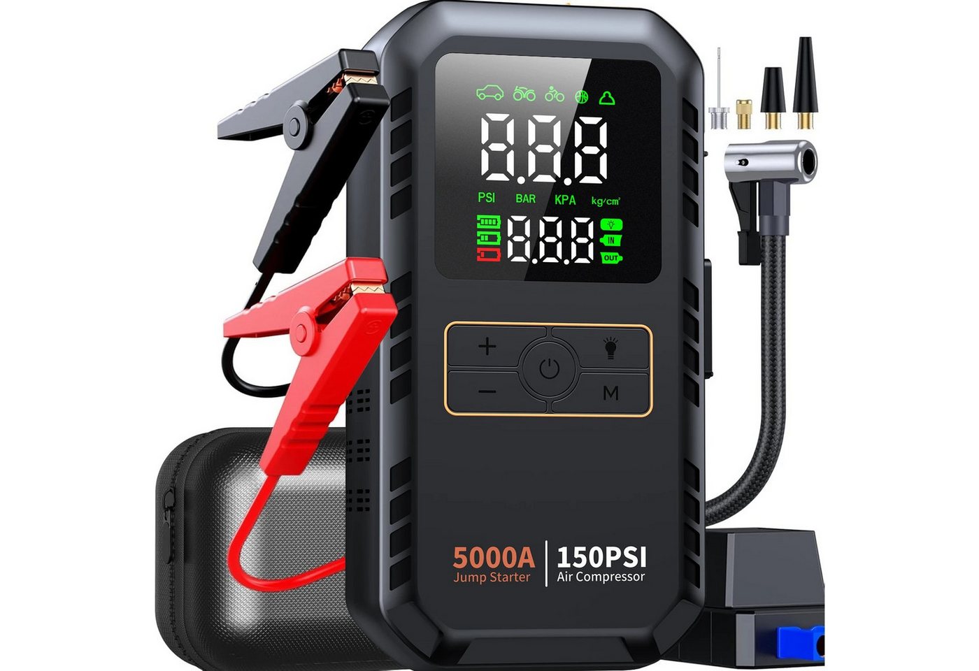 Athlix 4-in-1 Auto-Starthilfe mit Luftkompressor 5000A Auto-Batterie-Booster Starthilfegerät, 150 PSI Luftpumpe, 12.000 mAh Akku, LED Display