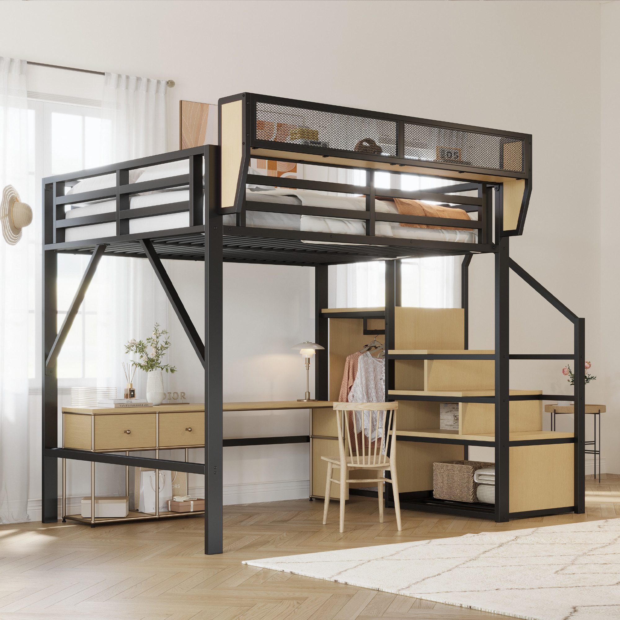 Merax Hochbett (1-St., 255 x 95 x 191 cm) Kinderbett Metallbett 140x200cm mit Sicherheitsleiter Staufach Regal