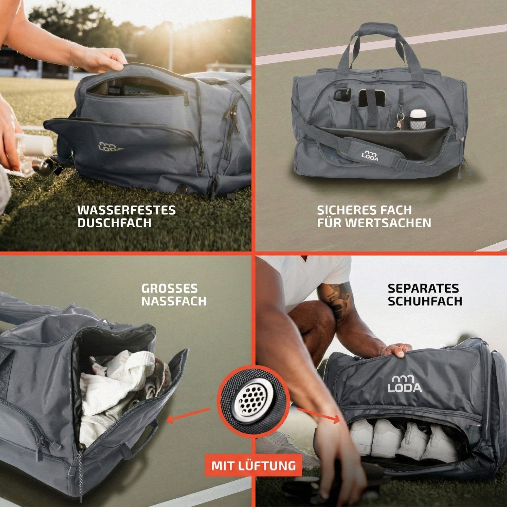 LODA sports Sporttasche compact 48L - Trainingstasche mit Rucksackfunktion & Schuhfach, 50 cm (L) x 30cm (B) x 32cm (H), 48 Liter Volumen