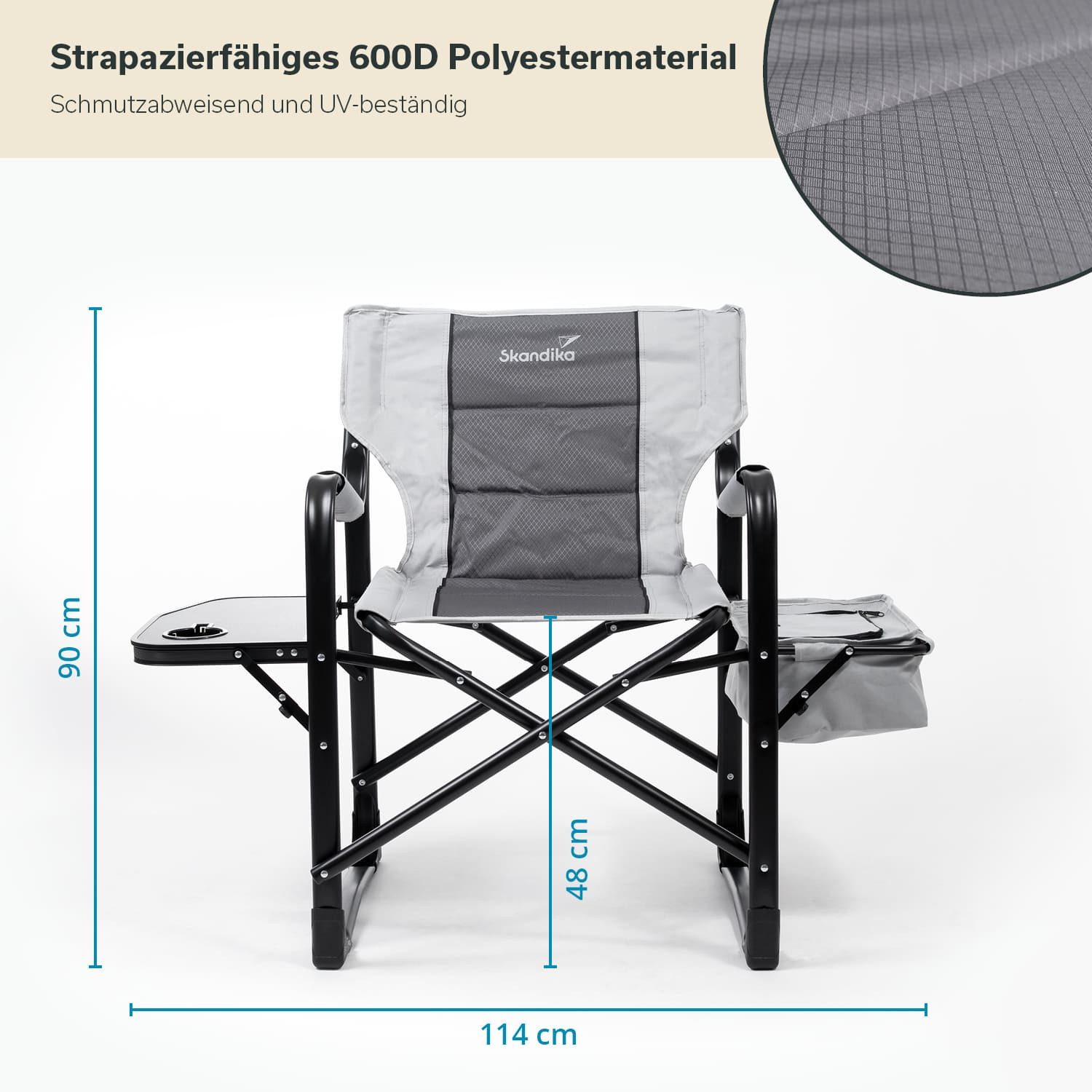 Skandika Campingstuhl Tepsa, Klappstuhl, Faltsessel, Anglerstuhl, Gartenstuhl, bis 150 kg (große Sitzfläche, wasserabweisend und atmungsaktiv), mit Tisch, Kühlfach, Getränkehalter, breit bequem, für Festival Strand
