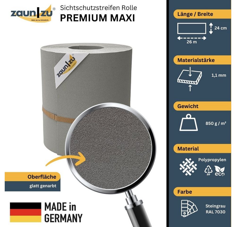 Thumbnail - zaunzu Sichtschutzstreifen Premium Maxi für Doppelstabmatten 24cm hoch Steingrau 26m, (1x Einzelstreifen, 24cm hoch, UV-...