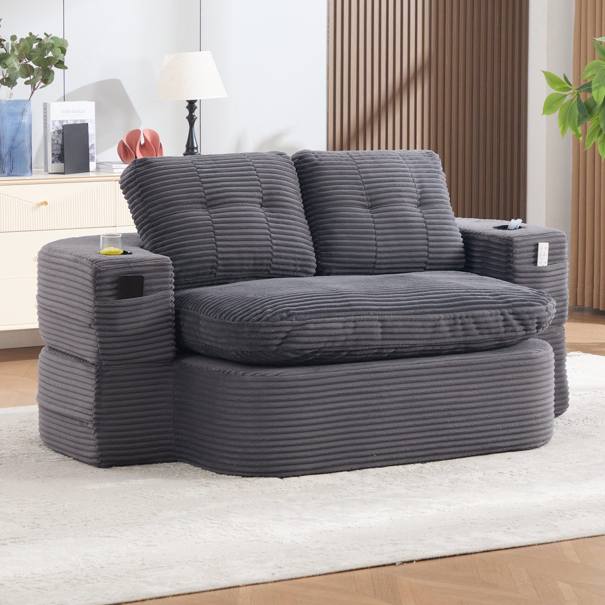 Odikalo Sessel 2-in-1 Schlafsessel mit bettfunktion ausziehbar (Cord, Schlafsofa mit Liegefunktion, Komprimiertes Bodensofa mit Verstellbaren Armlehnen, 2 Getränkehaltern, Hoher Rückenlehne und Extra Tiefer Sitzfläche)