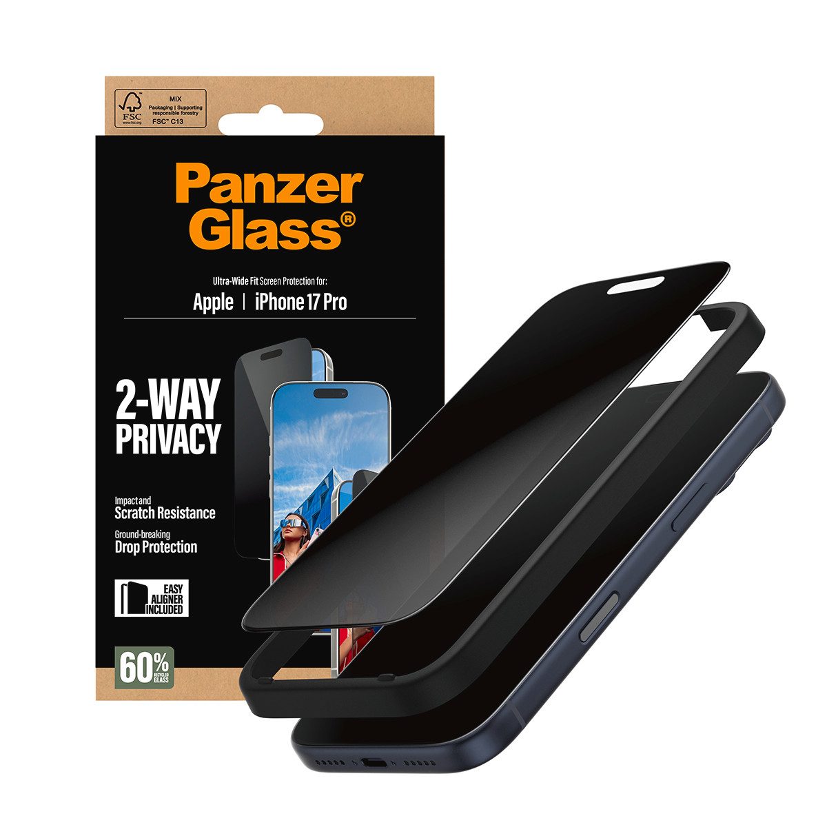 CARE by PanzerGlass Displayschutzglas 2-Way Privacy Ultra-Wide Fit Screen Protector für Apple iPhone 17 Pro, Displayschutzfolie, Schutzfolie, Bildschirmschutz,  – Bild 5 von 5