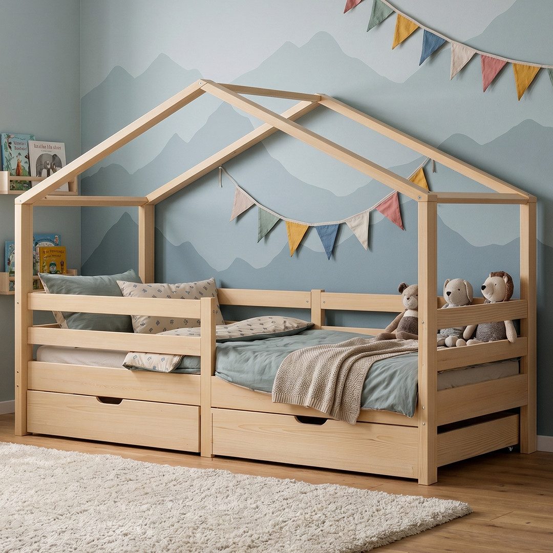 Bellabino Hausbett Abia Kinderbett mit Lattenrost und Rausfallschutz (natur, mit zwei Schubladen), Kinderbett 90x200 cm, verfügbar in verschiedenen Ausführungen