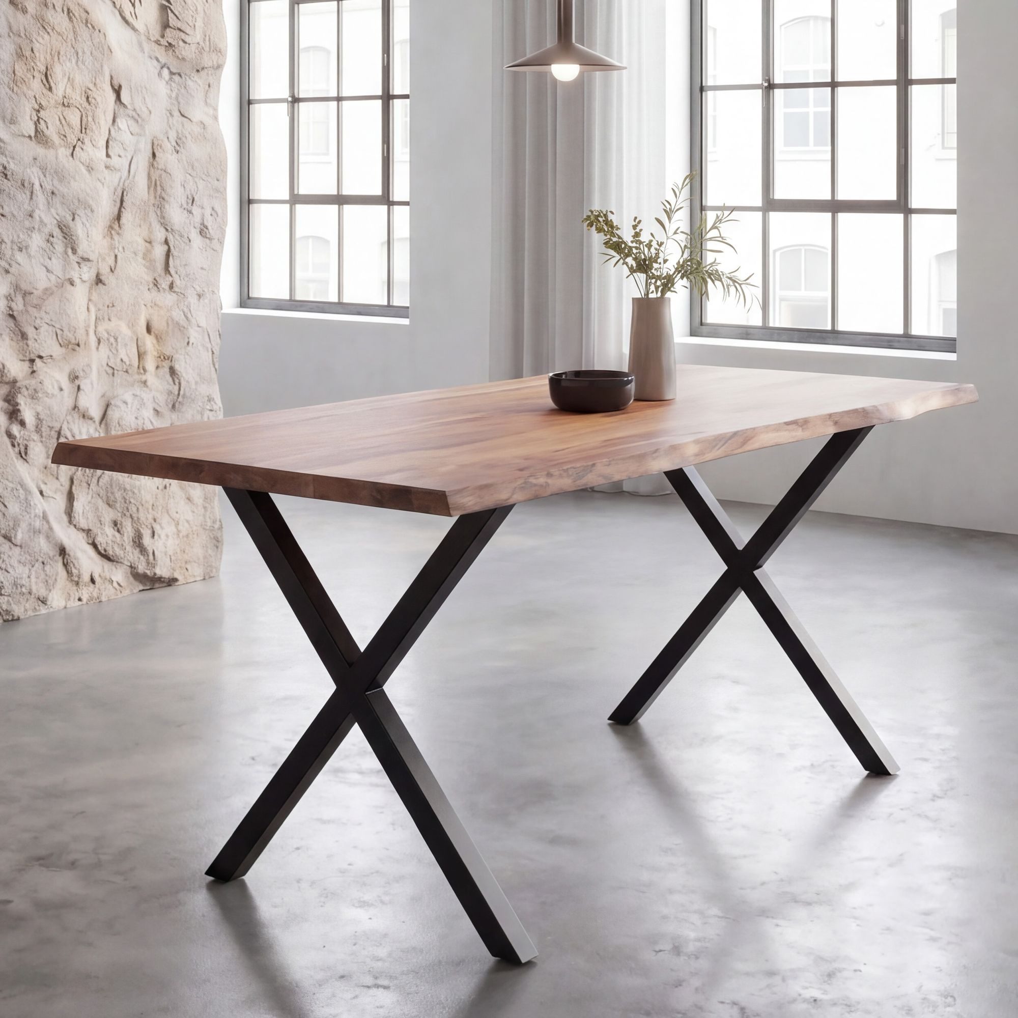 FINEBUY Esstisch FB68307 160cm Baumkante Esszimmertisch Baumkantentisch Industrial (160x80x76 cm Akazie Massivholz, Baumkante Modern), Esszimmertisch X-Beine, Holztisch Esszimmer
