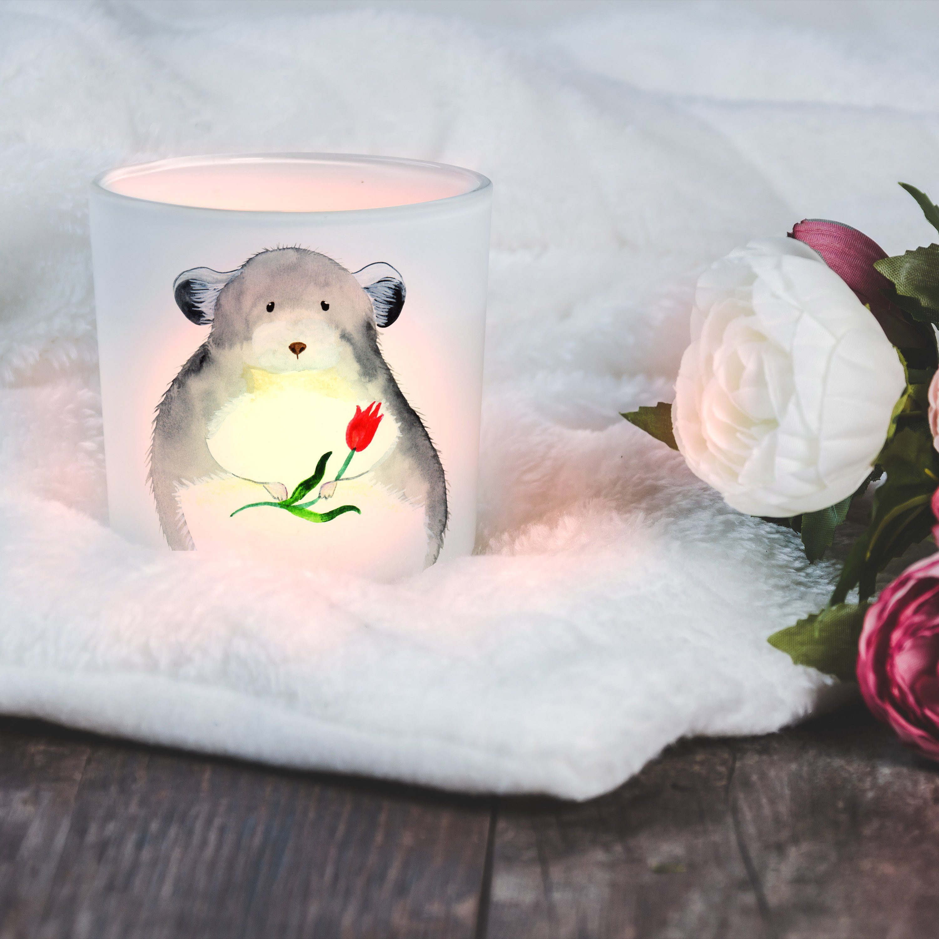 mit Panda Mrs. St) Geschenk, (1 Windlicht Mr. Transparent Liebes & - - Teelichthalter, Chinchilla Blume