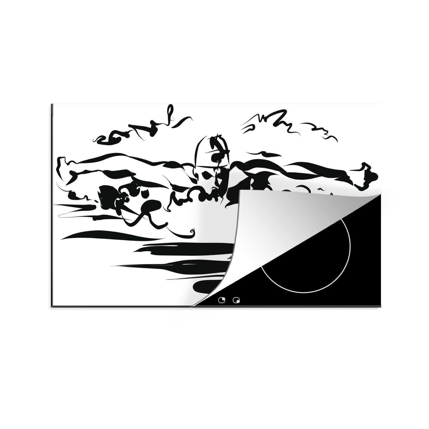 MuchoWow Herdblende-/Abdeckplatte Eine Schwarz-Weiß-Illustration einer schwimmenden Person, Vinyl, (1 tlg), 83x51 cm, Ceranfeldabdeckung, Arbeitsplatte für küche