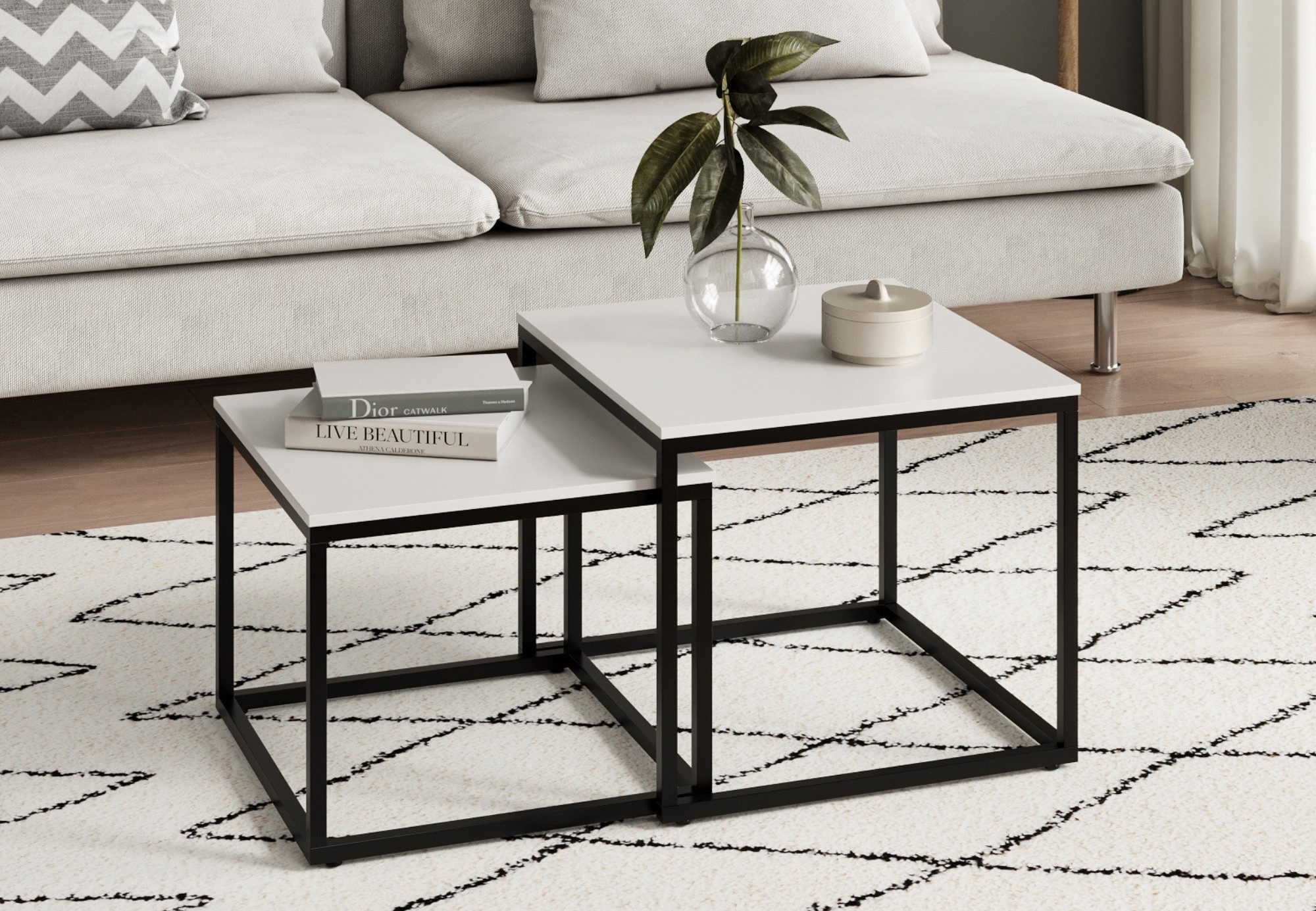Home Collective Couchtisch 2er Set Beistelltisch Wohnzimmertisch modern rund und quadratisch (ideal als Büro Ablagetisch oder als Wohnzimmer Deko, Kleiner quadratischer Tisch Set 2 in 1), hochwertiges Design mit Metallgestell, stabile Tischplatte, weiß