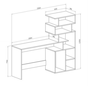 Furnix Schreibtisch SAHIA Arbeitsplatz mit asymmetrischem Bücherregal Weiß matt, Maße BxHxT 158,4x135x39,6 cm, viel Stauraum