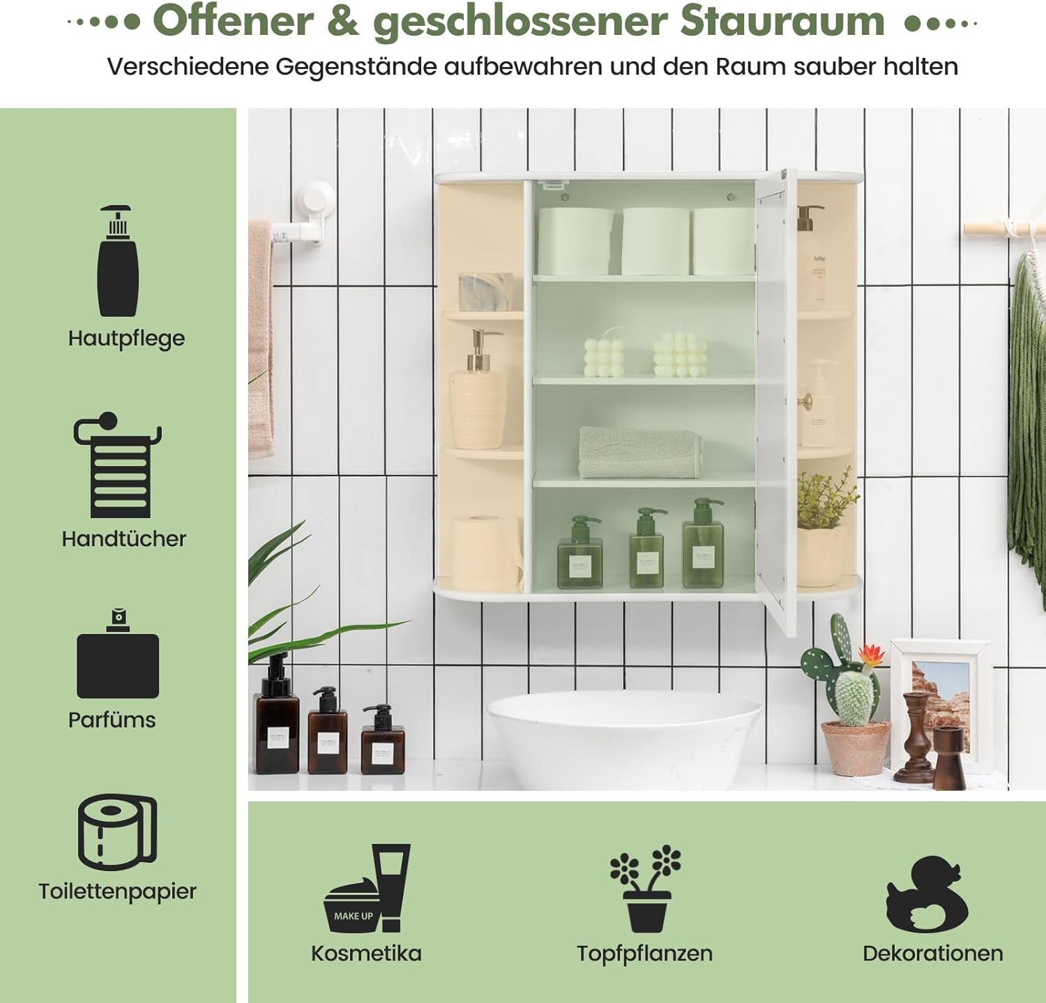 KOMFOTTEU Spiegelschrank Badschrank Hängeschrank Wandschrank mit Ablagen, 66 x 17 x 63 cm – Bild 4 von 5