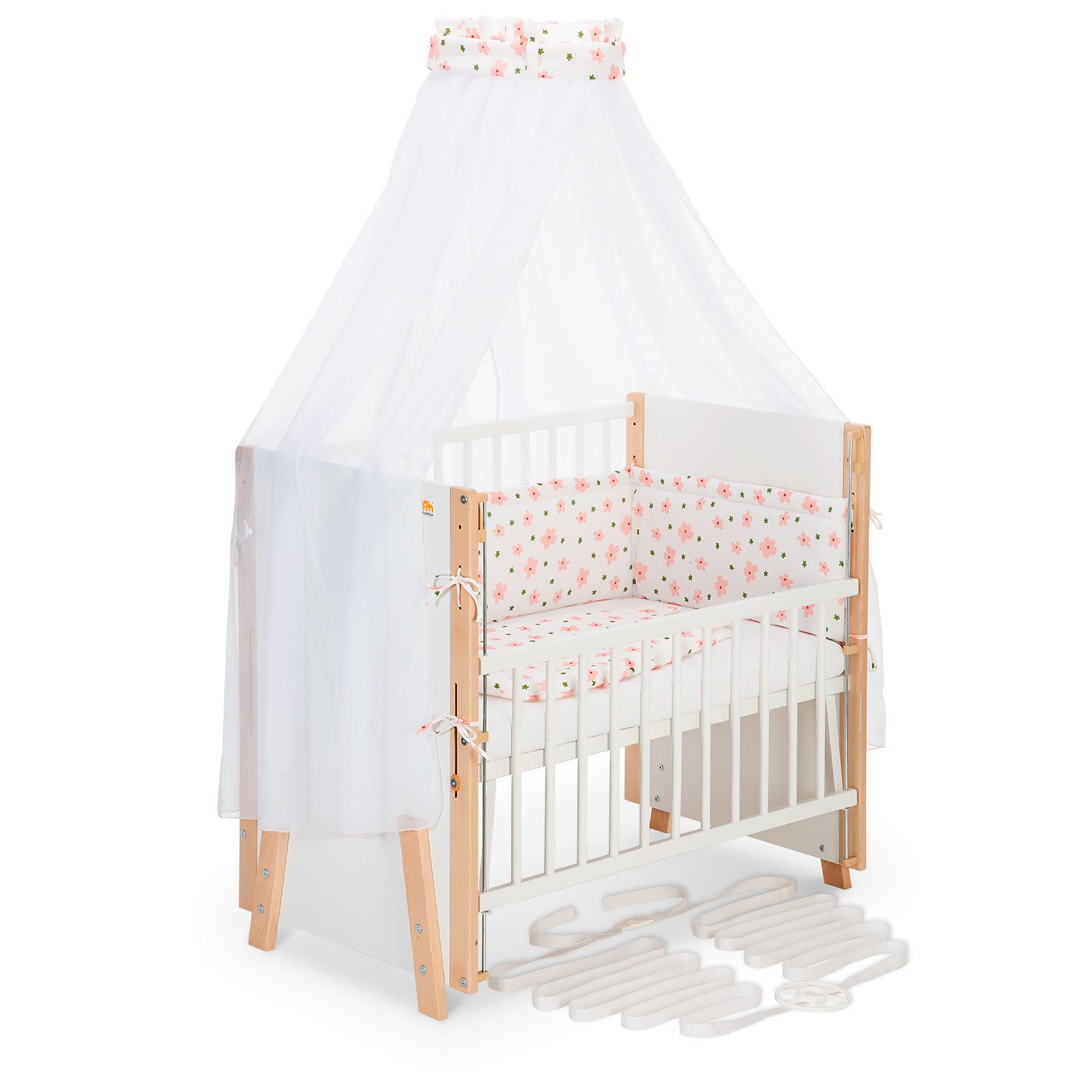 FabiMax Beistellbett Boxspring Vario Weiß / Natur, Stufenlose Höhenverstellung von 52 bis 83 cm, mit 2 in 1 Seitengitter