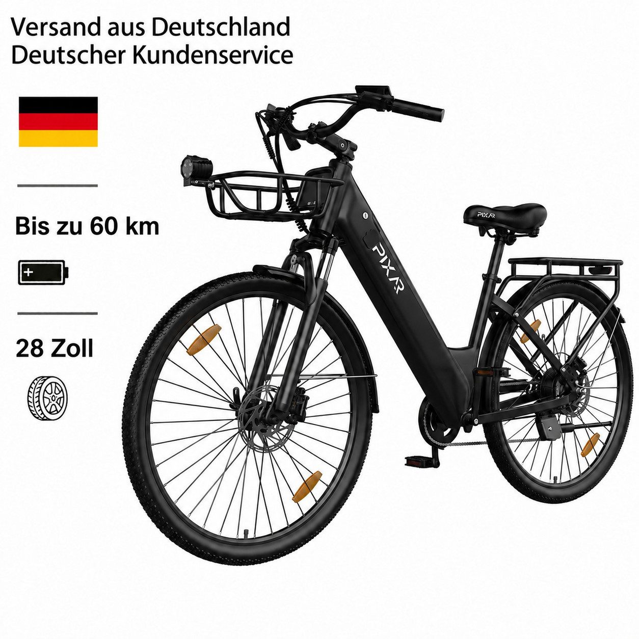 PIXAR E-Bike Pedelec 28 Zoll Citybike 36V 13Ah Akku 250W Motor bis 25 kmh Shimano, 7 Gang, Heckmotor, 468 Wh