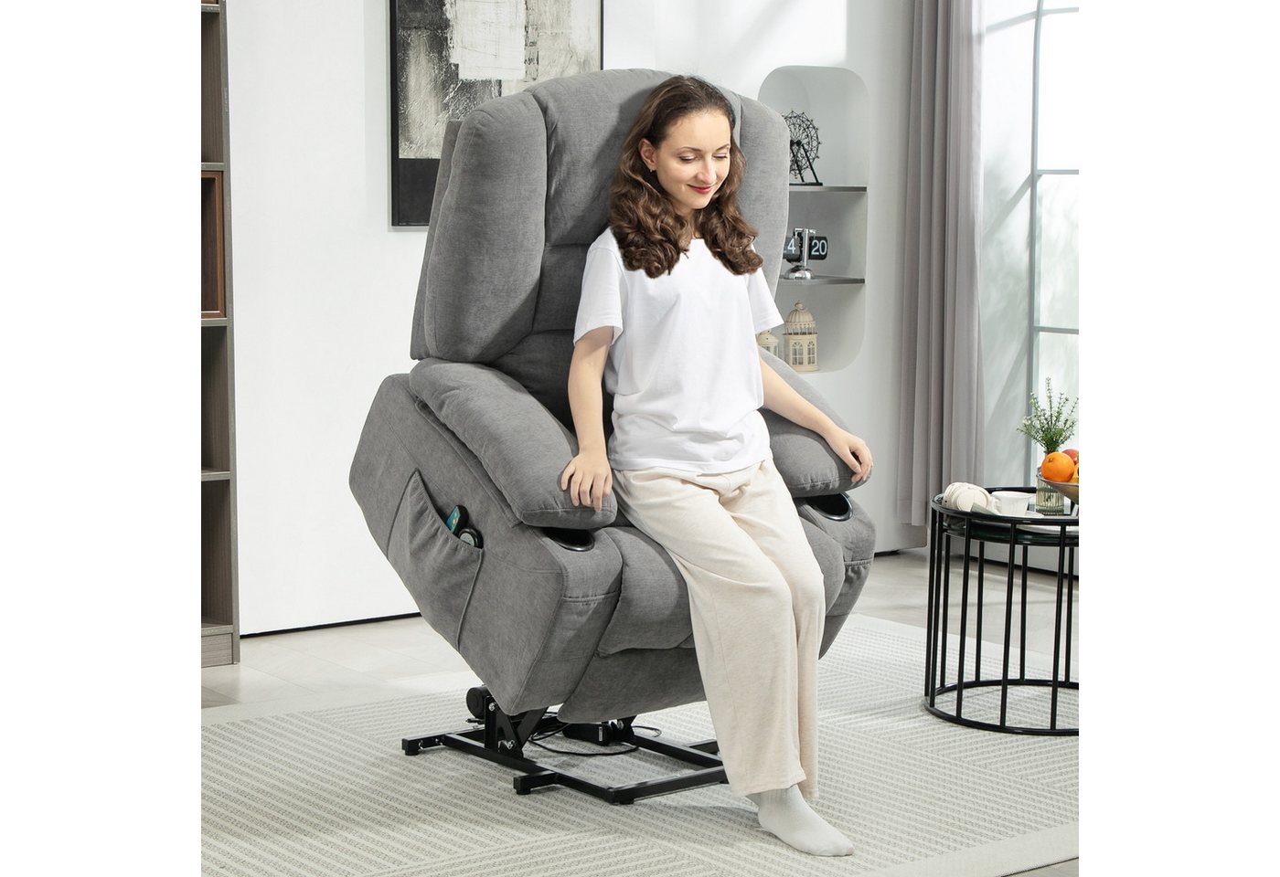 HOMCOM Relaxsessel Fernsehsessel mit Aufstehhilfe Massagesessel Becherhalter (Kord, 1-St., TV-Sessel), mit Seitentasche und Fernbedienung, Dunkelgrau