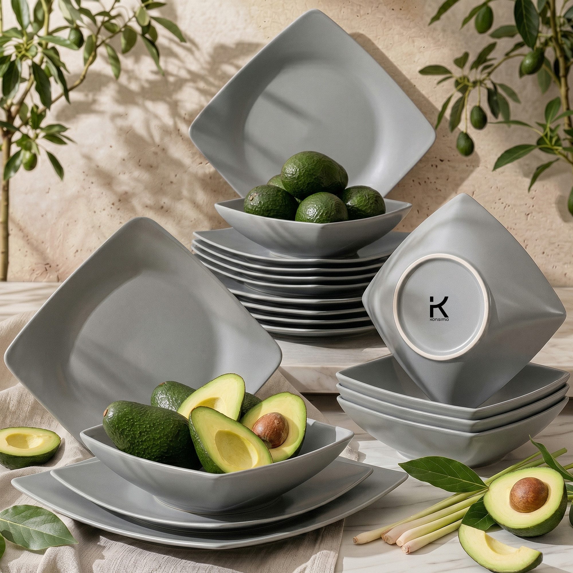 KONSIMO® Tafelservice EPIRI Geschirrset, Modern, hergestellt in der EU (18-tlg), 6 Personen, Keramik, quadratisch, Spulmachinen- und Mikrowellengeeignet