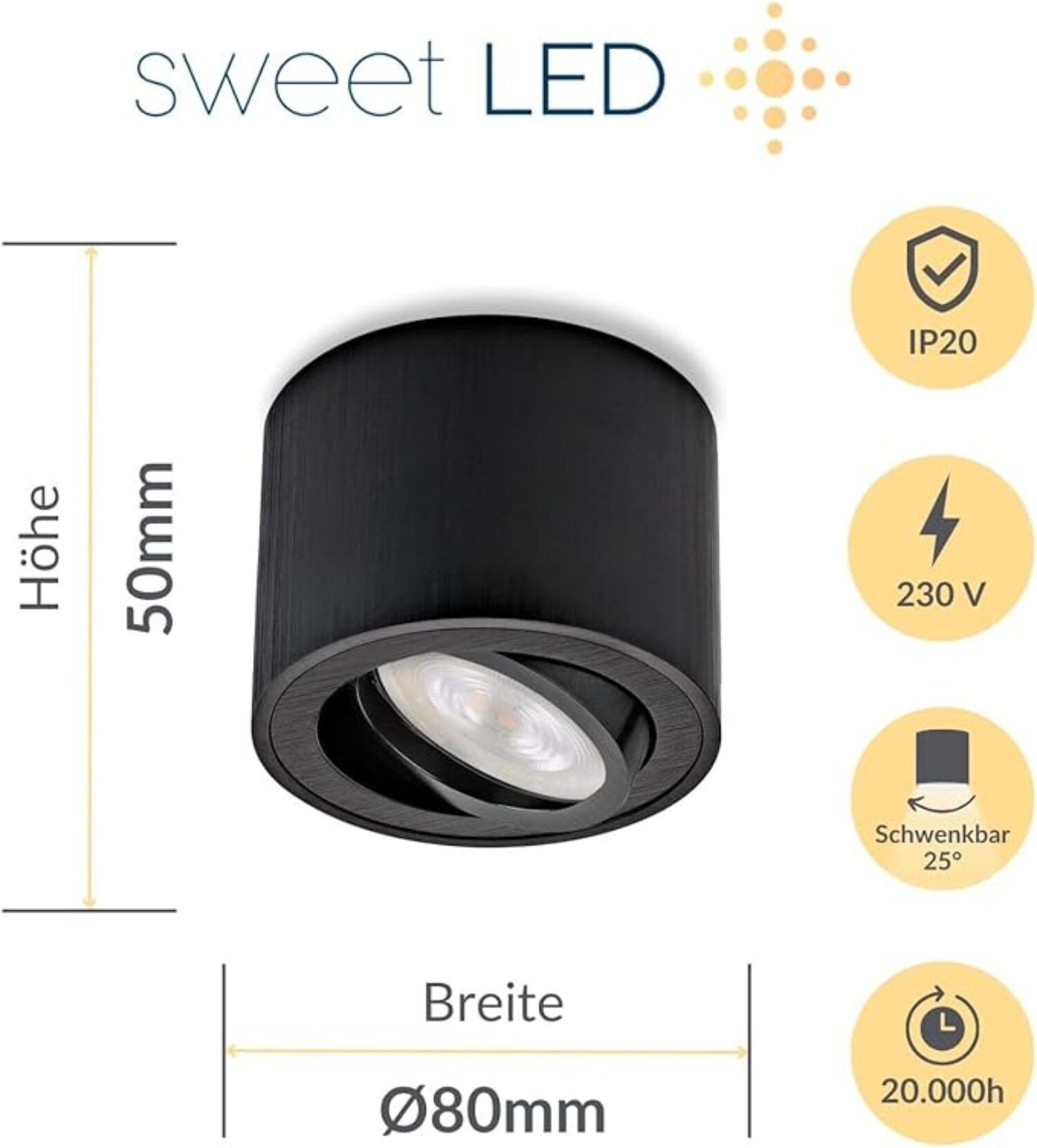 Sweet LED LED Aufbaustrahler 6er Set flach 5W CCT (3000K/4000K/6500K) Spots schwenkbar 230V schwarz, schwenkbar, LED wechselbar, warmweiß, neutralweiß, kaltweiß, CCT, schwenkbar, LED Deckenstrahler