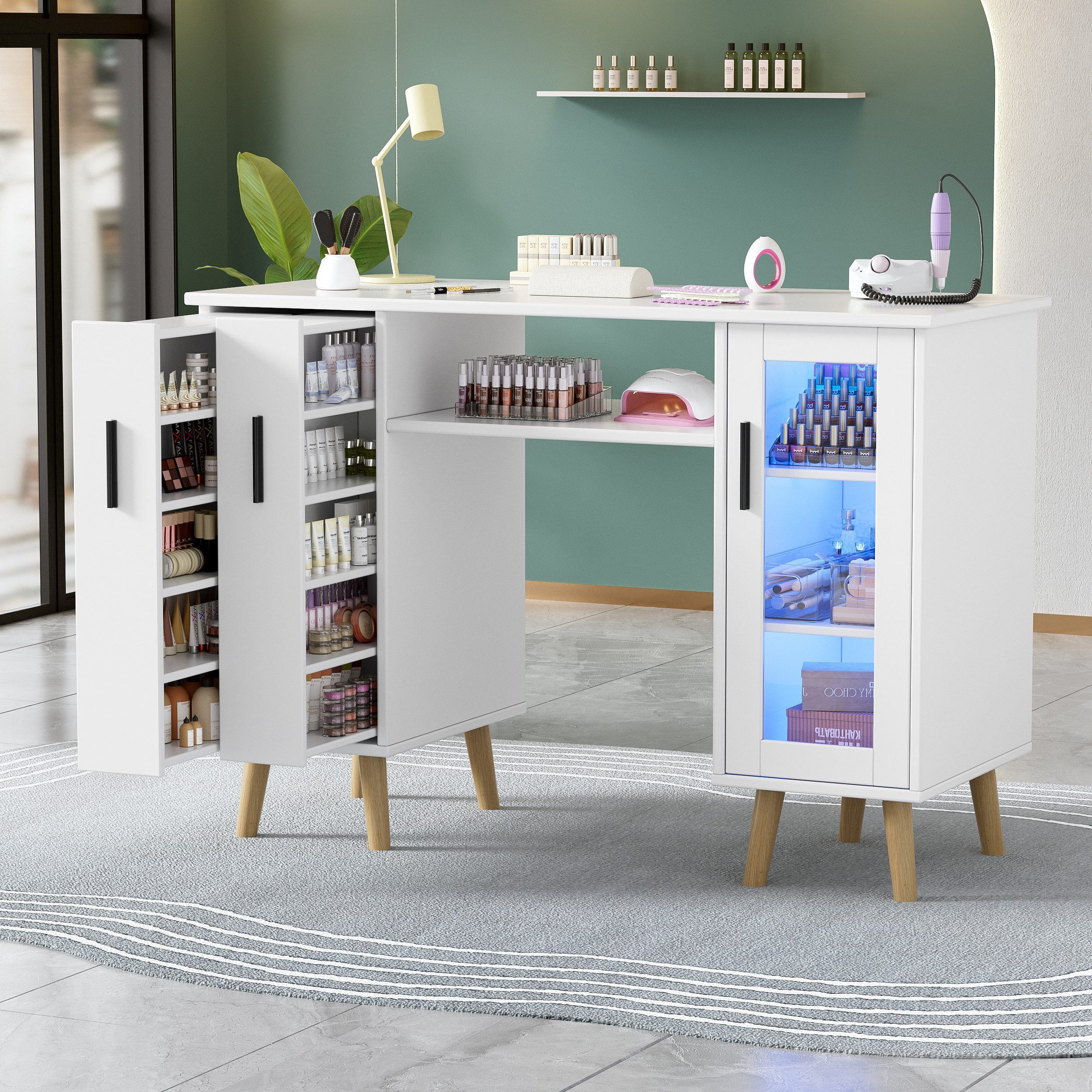 TWSOUL Arbeitstisch Nageltisch mit LED-Beleuchtung aus Holz, mit 2 Auszugss günstig online kaufen