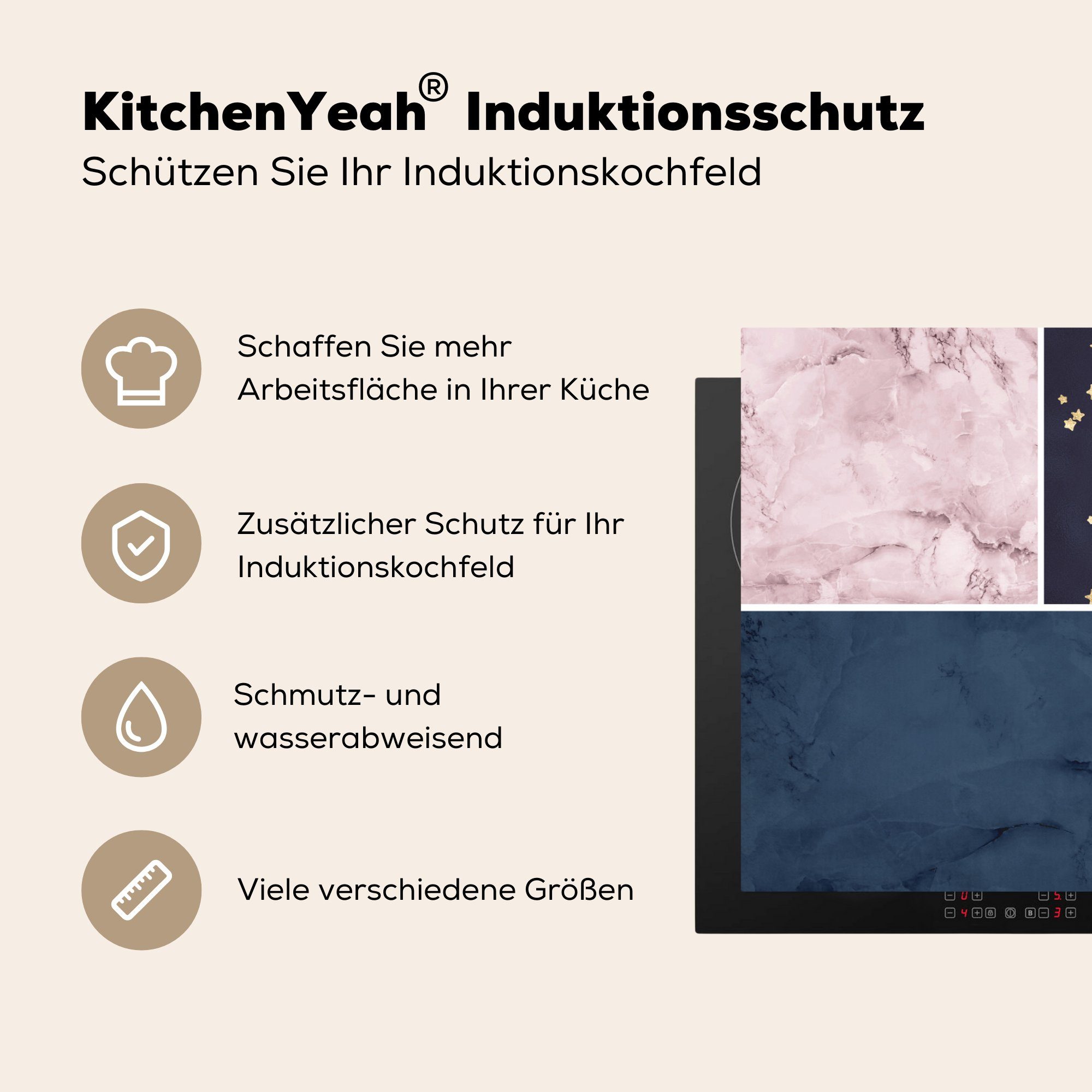 MuchoWow Herdblende-/Abdeckplatte Marmor - 81x52 für Schutz Induktionskochfeld küche, cm, (1 tlg), Vinyl, die Rosa, - Blau Ceranfeldabdeckung