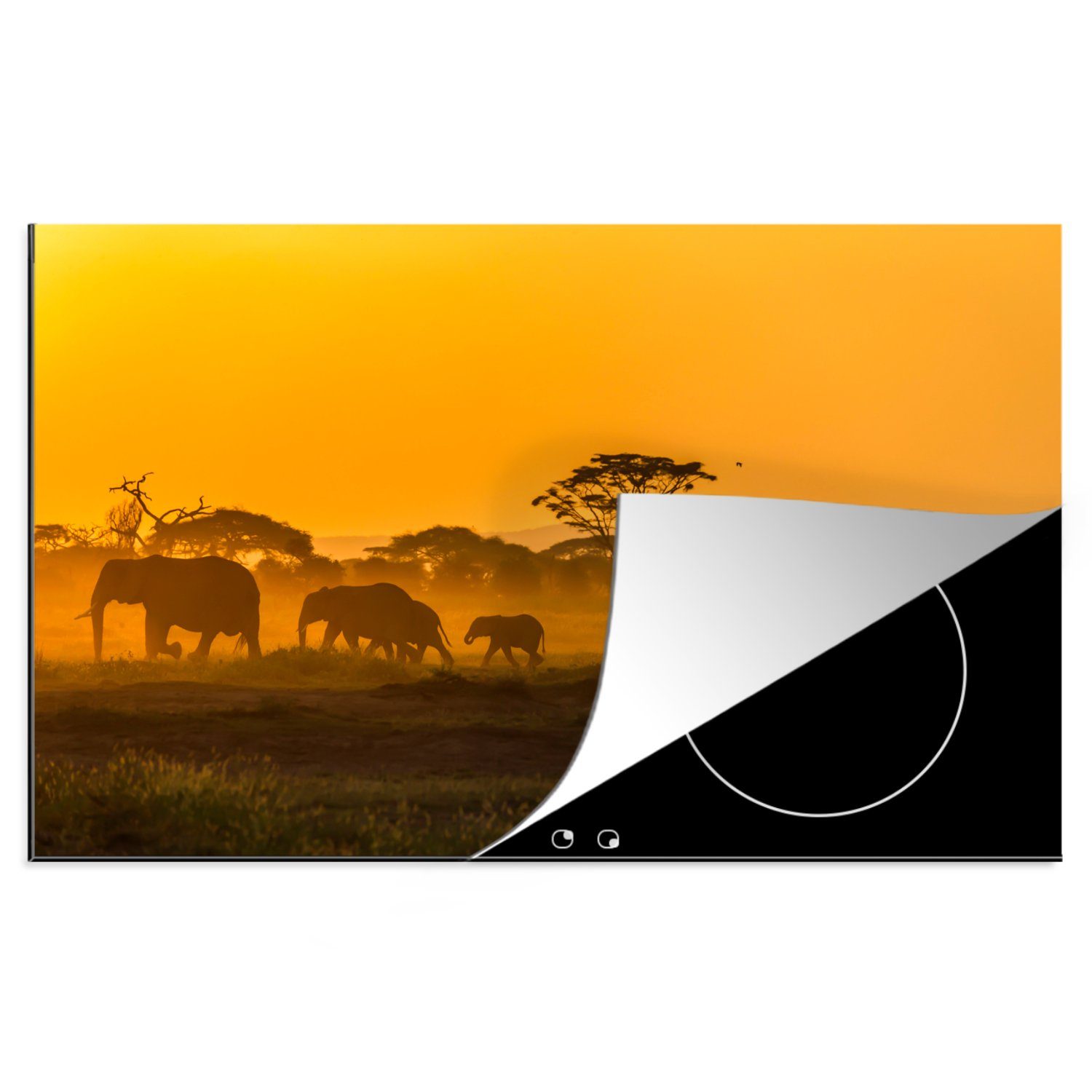 MuchoWow Herdblende-/Abdeckplatte Elefantenherde bei Sonnenaufgang, Vinyl, (1 tlg), 81x52 cm, Induktionskochfeld Schutz für die küche, Ceranfeldabdeckung