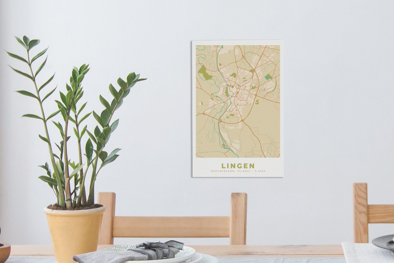 OneMillionCanvasses® Leinwandbild Lingen 20x30 St), (1 Leinwandbild Stadtplan - Gemälde, - cm fertig Karte, inkl. bespannt Zackenaufhänger
