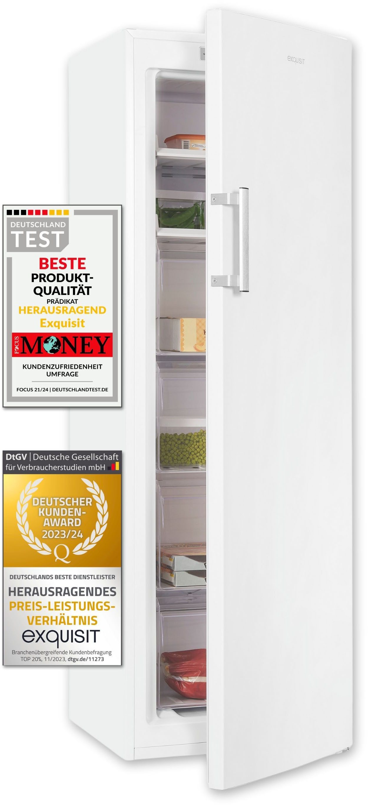 exquisit Gefrierschrank GS271--H-O40E weiss, 171 cm hoch, 54 cm breit, 4*-Gefrierschrank No Frost mit LED-Anzeige & praktischem Griff