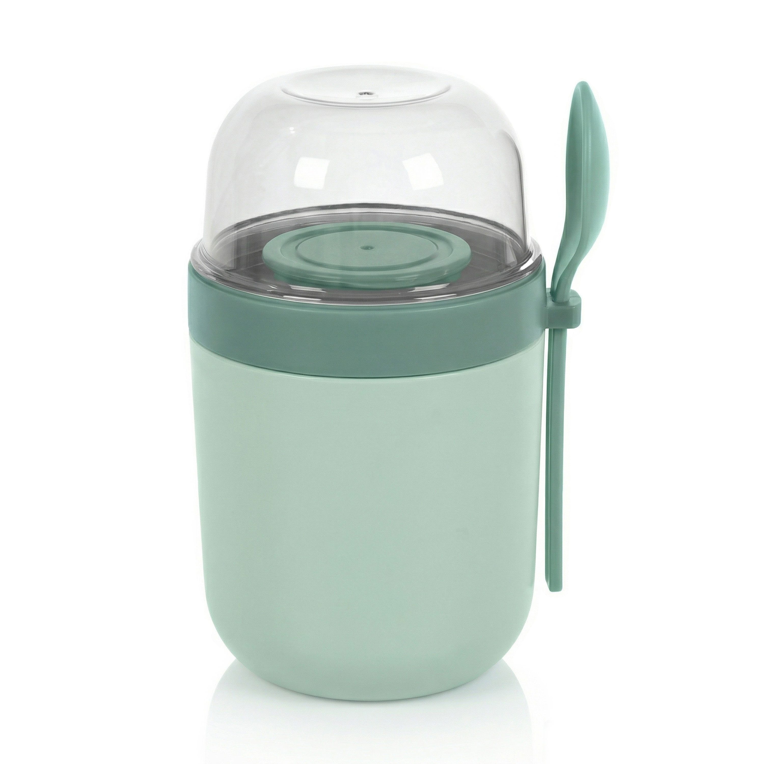 Arendo Mehrwegbecher Müslibecher mit Löffel, Aufbewahrungsbecher 750ml, To Go, (1 x Joghurtbecher, 1 x Klarsichtdeckel, 1 x Dressingbox, 1 x Löffel), Joghurtbecher, 3 getrennte Behälter, Klarsichtdeckel, auslaufsicher