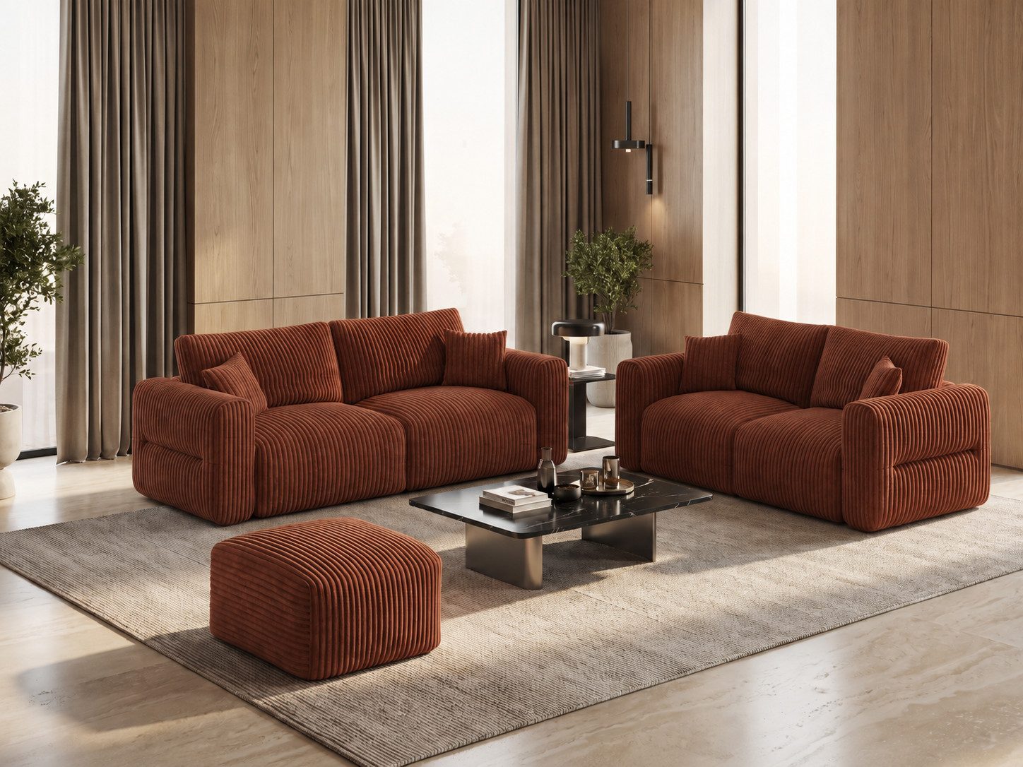 Möbeldreams Sofa Set "Adeline" aus Cord mit Hocker, moderne Sitzgruppe, Perfekt für einen erholsamen Schlaf 3 Teile, 3-Sitzer + 2-Sitzer Wohnzimmer sofa grober Cord, großzügige Sitzfläche
