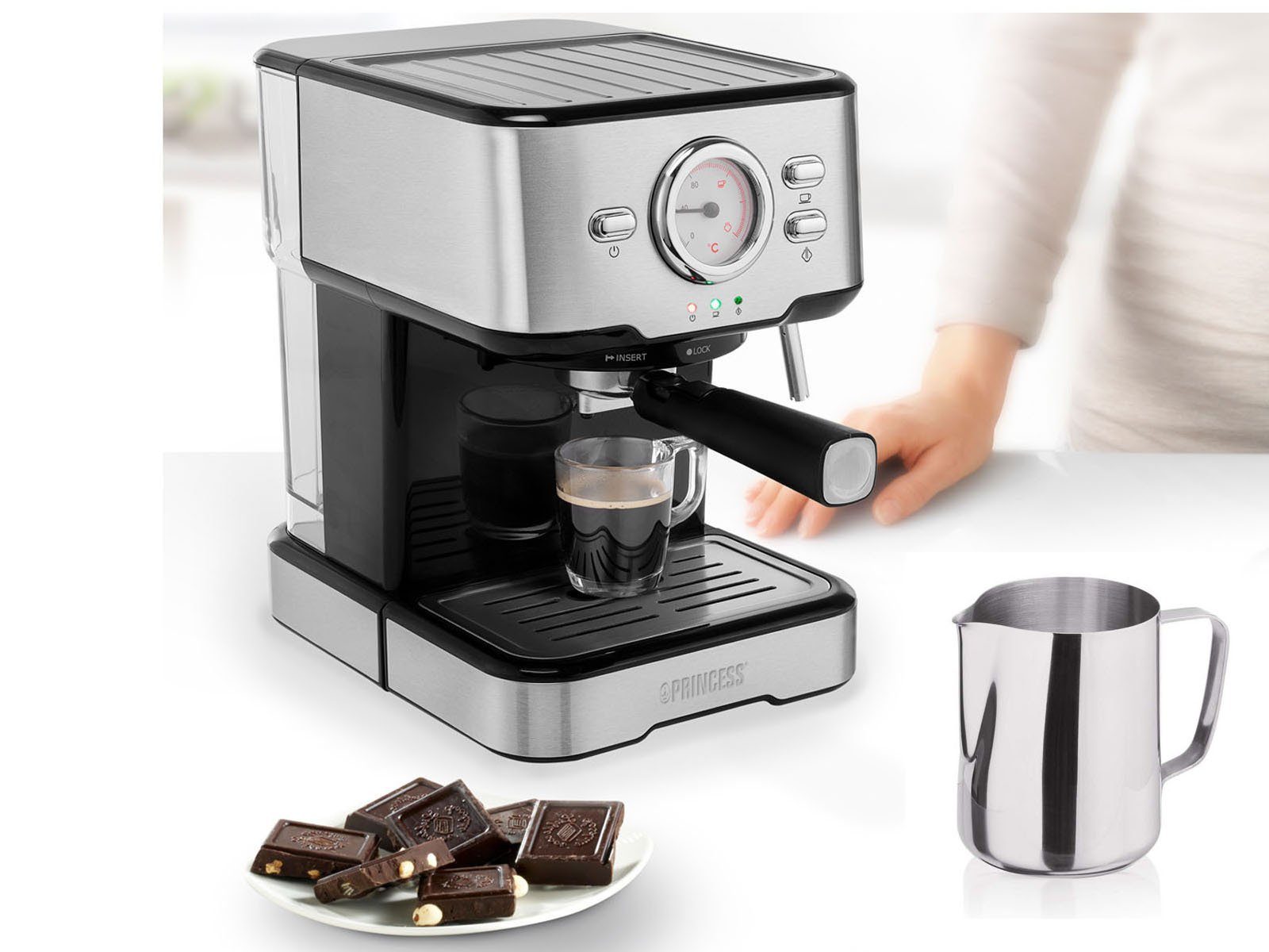 PRINCESS Siebträgermaschine, italienische Siebdruck Kaffee & Espresso- Maschine mit Milchaufschäumer für Latte Macchiato & Cappuccino, 2in1 auch  für Kapseln geeignet