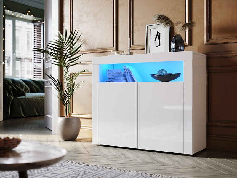 SONNI Kommode Sideboard Weiß Hochglanz mit LED Beleuchtung, Комодиschrank Sideboard für Küche und Esszimmer, Wohnzimmer