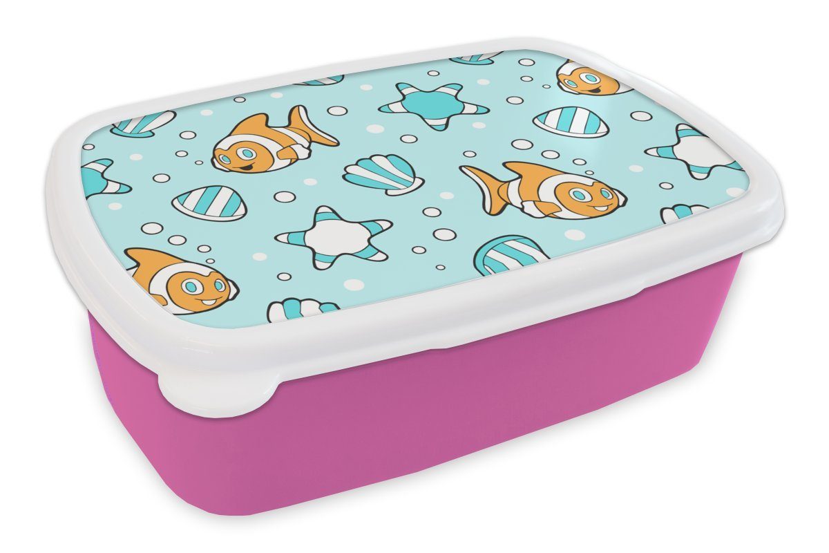 MuchoWow Lunchbox Muster - Clownfisch - Meer - Tiere, Kunststoff, (2-tlg), Brotbox für Erwachsene, Brotdose Kinder, Snackbox, Mädchen, Kunststoff rosa