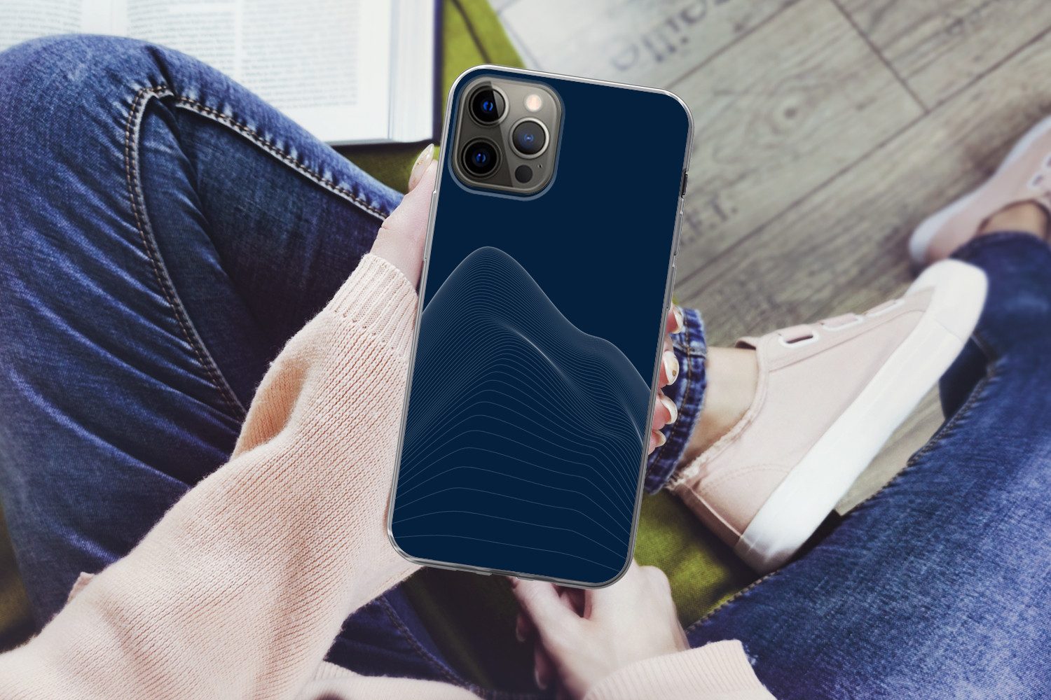 MuchoWow Handyhülle für Apple iPhone 13 Pro Max Linien - Abstrakt - Blau - Weiß, Smartphone-Bumper, Print, Handy Schutzhülle Dünn
