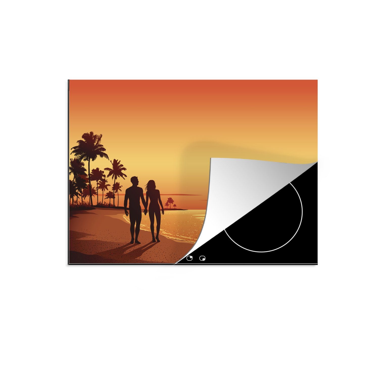 MuchoWow Herdblende-/Abdeckplatte Eine Illustration des Sonnenuntergangs und eines orangefarbenen, Vinyl, (1 tlg), 70x52 cm, Mobile Arbeitsfläche nutzbar, Ceranfeldabdeckung