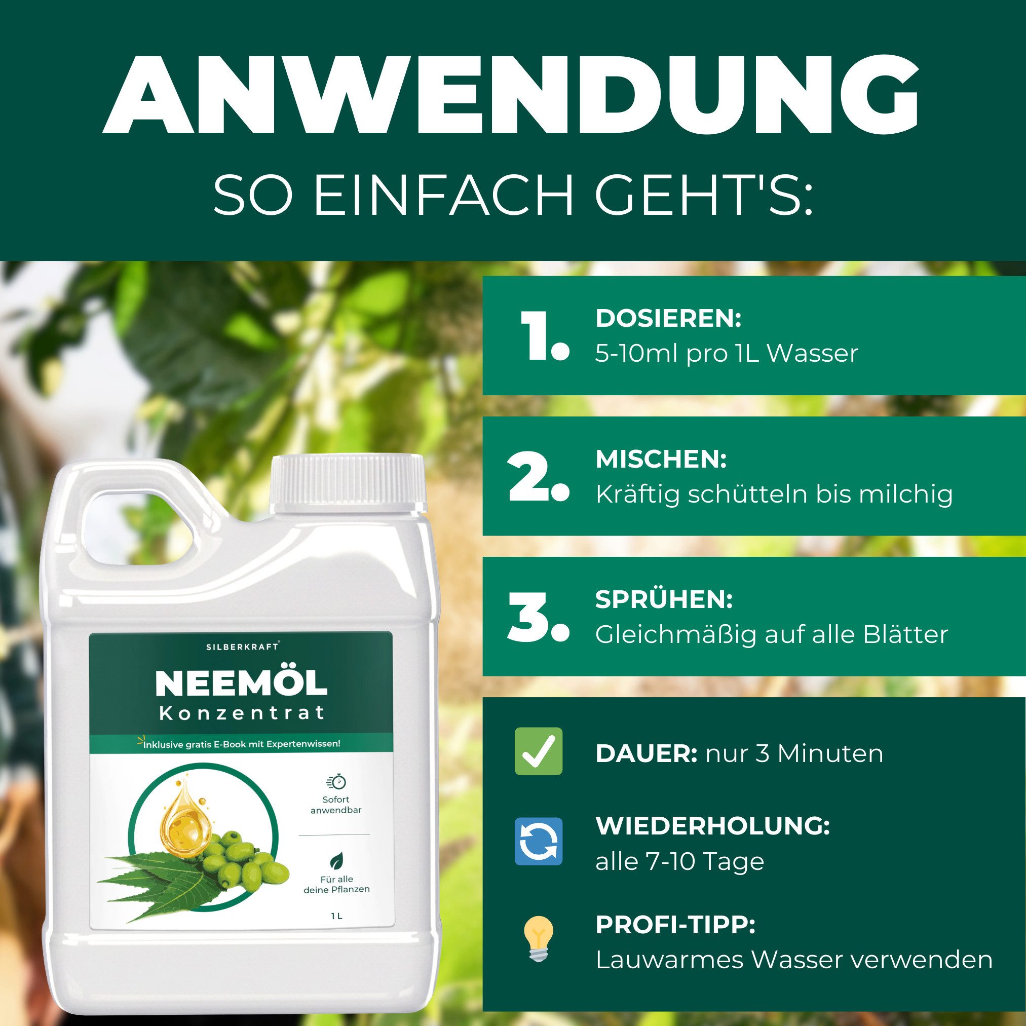 Silberkraft Pflanzenstärkungsmittel Silberkraft Neemöl mit Emulgator Pflanzenschutz inkl. Gratis E-Book, Konzentrat, Stärkt & vitalisiert Pflanzen, sofort einsa – Bild 4 von 5