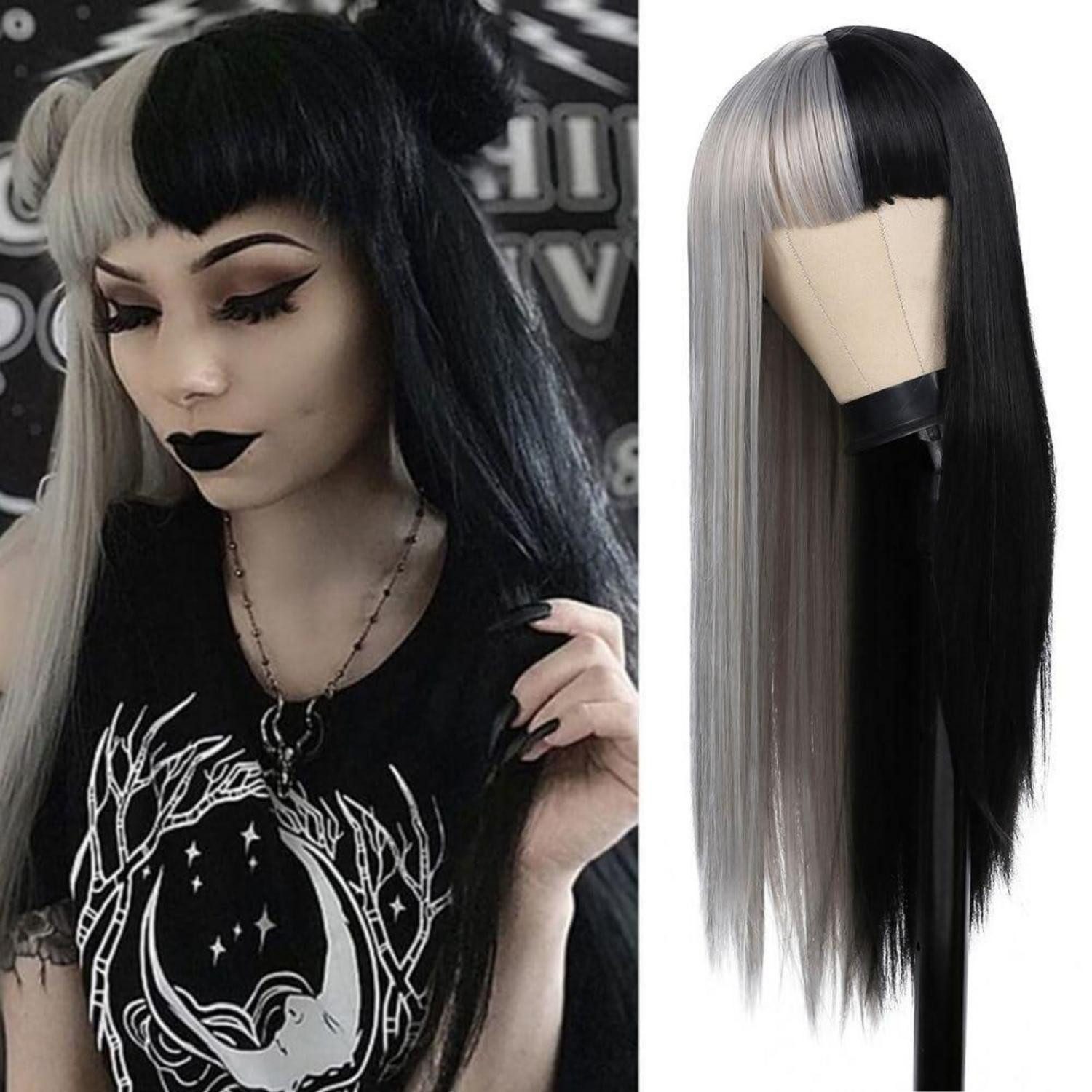 LuxusKollektion Kostüm-Perücke Perücke lang gerade Goth Damen Bangs Cosplay Grau Schwarz
