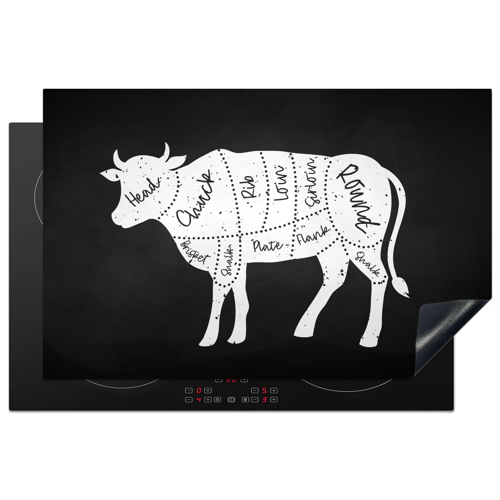 MuchoWow Herdblende-/Abdeckplatte Kuh - Küche - Fleisch, Vinyl, (1 tlg), 81x52 cm, Induktionskochfeld Schutz für die küche, Ceranfeldabdeckung