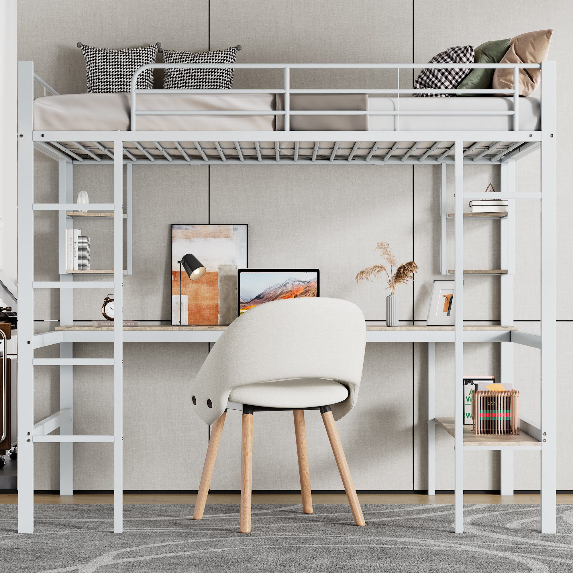 MODFU Hochbett Metallbett mit Geländer (Jugendbett, Stockbett, mit Schreibtisch & Regal, 90x200cm) ohne Matratze