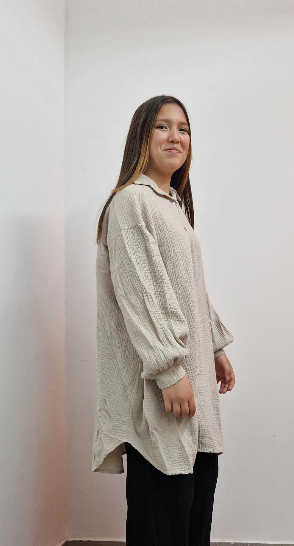 HELLO MISS Blusenkleid Beliebte Musselin Oversize Bluse in Lang, Baumwolle Hemd, Sommer Bluse in Unifarbe