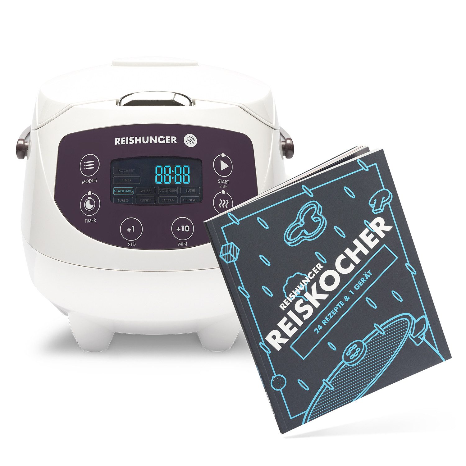 Reishunger Reiskocher Digitaler Mini Reiskocher Bundle, 350 W, Dämpfeinsatz, Messbecher, Reislöffel, Timer- und Warmhaltefunktion