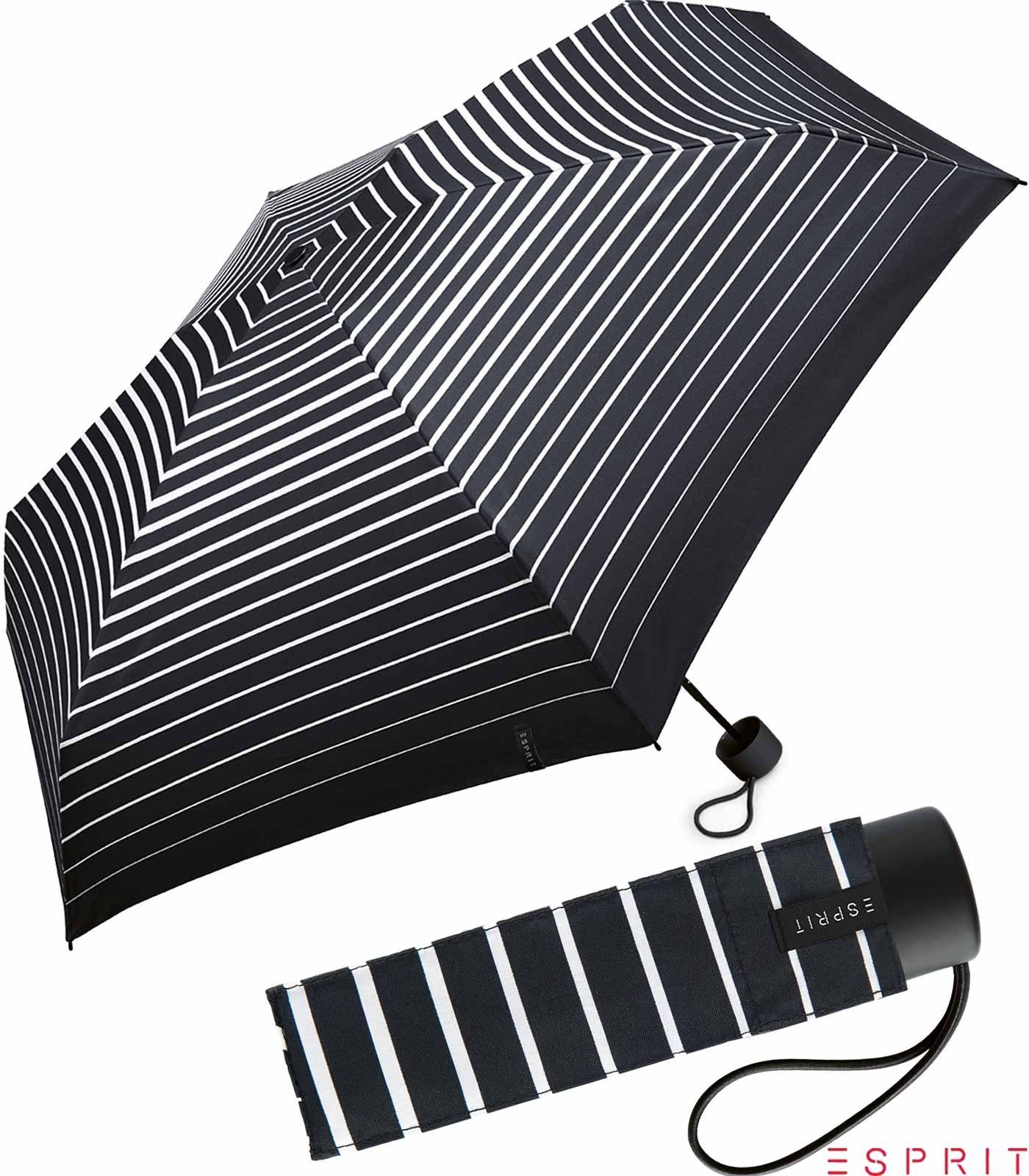 Esprit Taschenregenschirm Damen Super Mini Petito - Degradee Stripe - black, winzig klein, in moderner Streifen-Optik schwarz-weiß