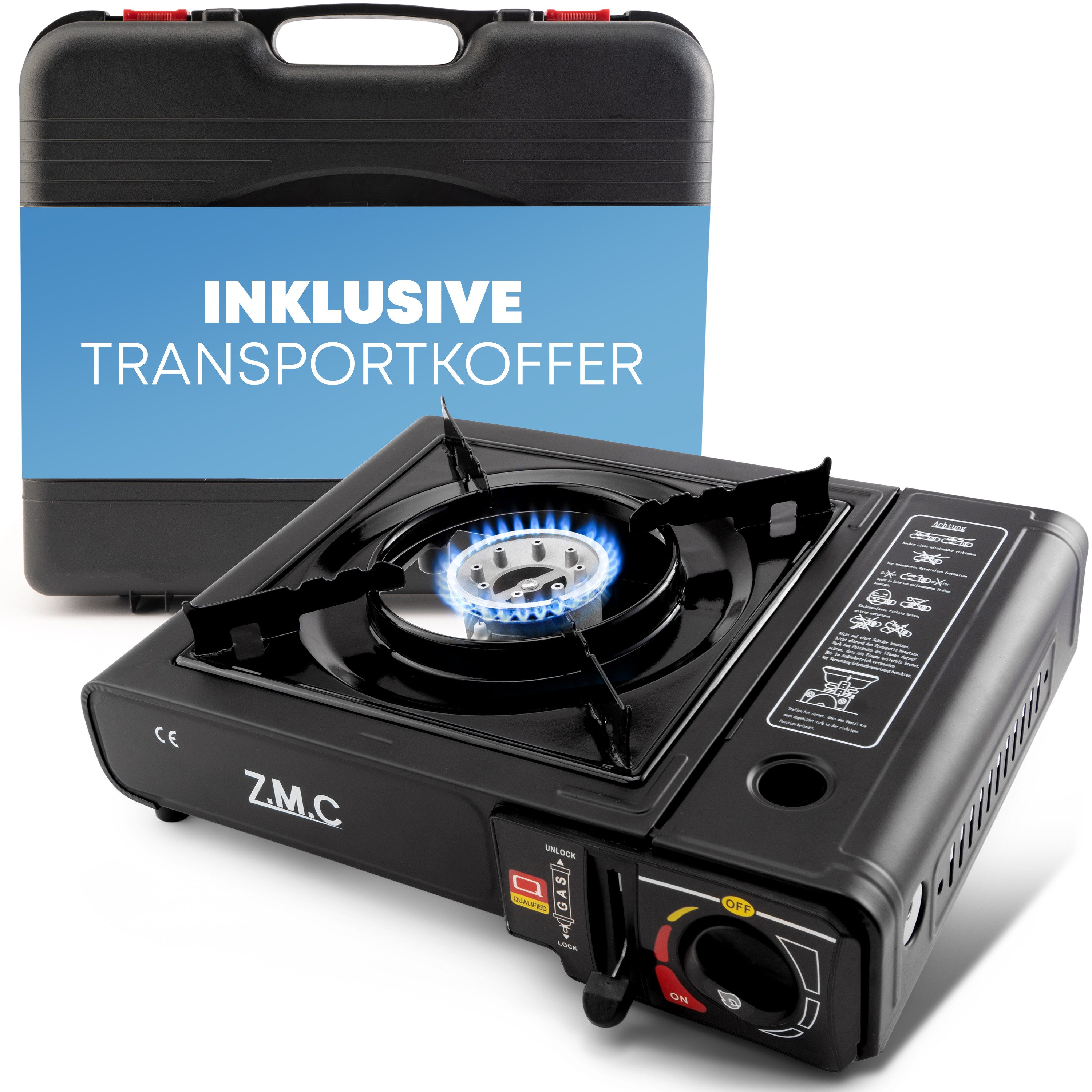 ZMC Gaskocher Campingkocher + Transportkoffer Kartuschenkocher Camping Gaskocher, Kochfeld 1 Flammig Kocher Herd Kartuschenkoche Outdoor Camping Gas